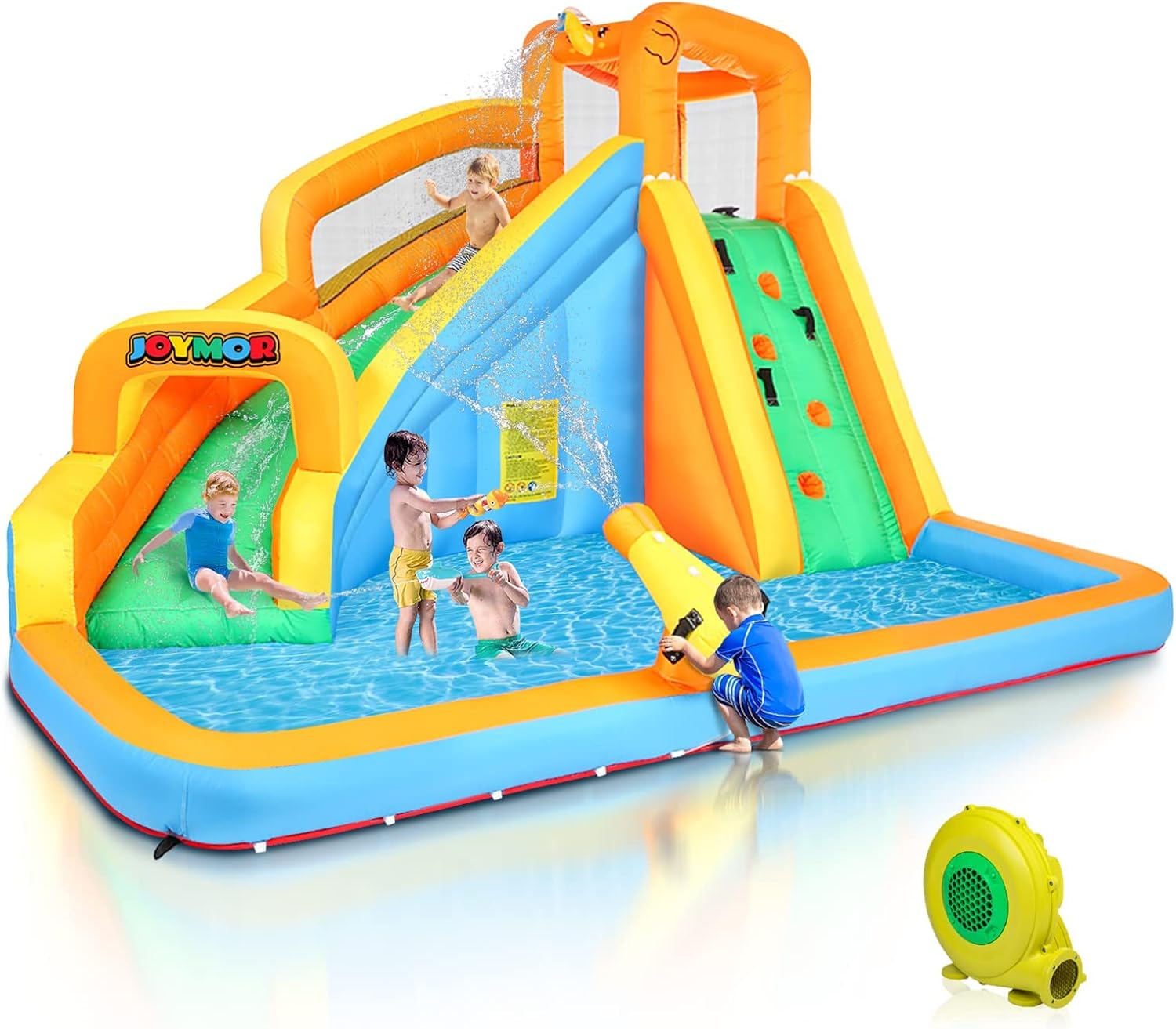 JOYMOR Inflatable Water Slide Park wtih Splash Pool, Climbing Wall, Water Cannon,Blow up Water Slides for Backyard Outdoor Fun Summer Water Plays for Party Birthday Gift (Orange & Yellow)