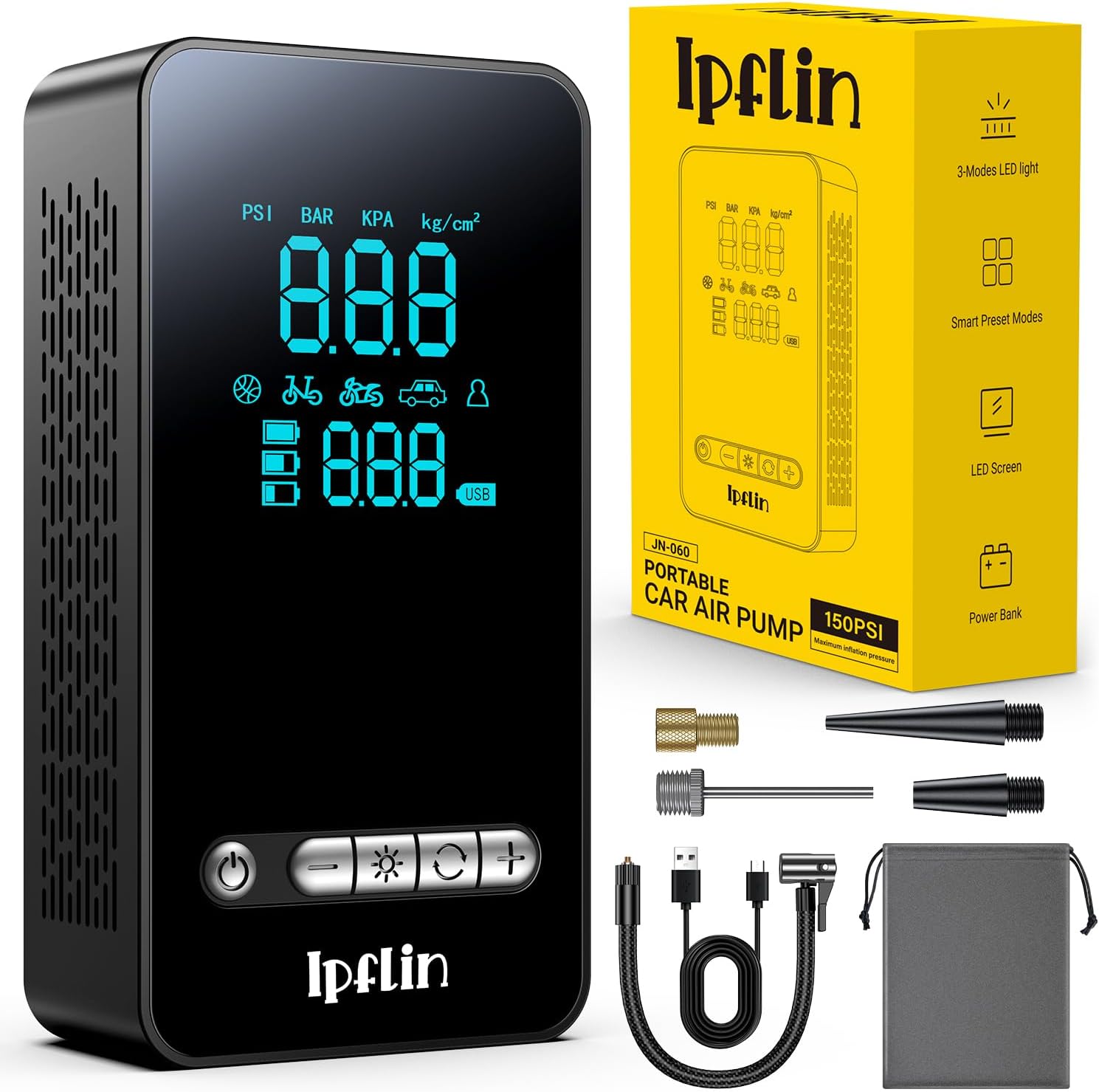 Ipflin Tyre Inflator Cordless Compressor - Portable Air Electric Bike Pump 150 PSI with Digital Display,Rechargeable Tyre Accessories for Car,Bike and Motorbike with Pressure Gauge and LED Light.