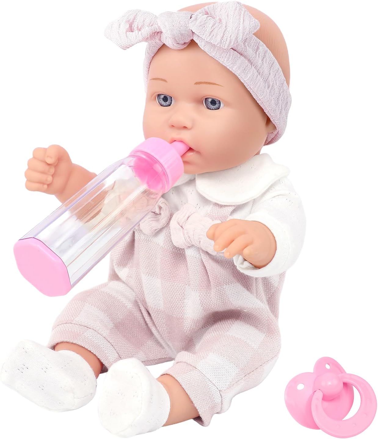Ecore Fun 12 Inch Baby Doll and Clothes Accessories Playset - 6 Pcs 12" Doll with Pink Romper Outfit, Headband, Socks, Pacifier, Bottle | Gift Ready in Box