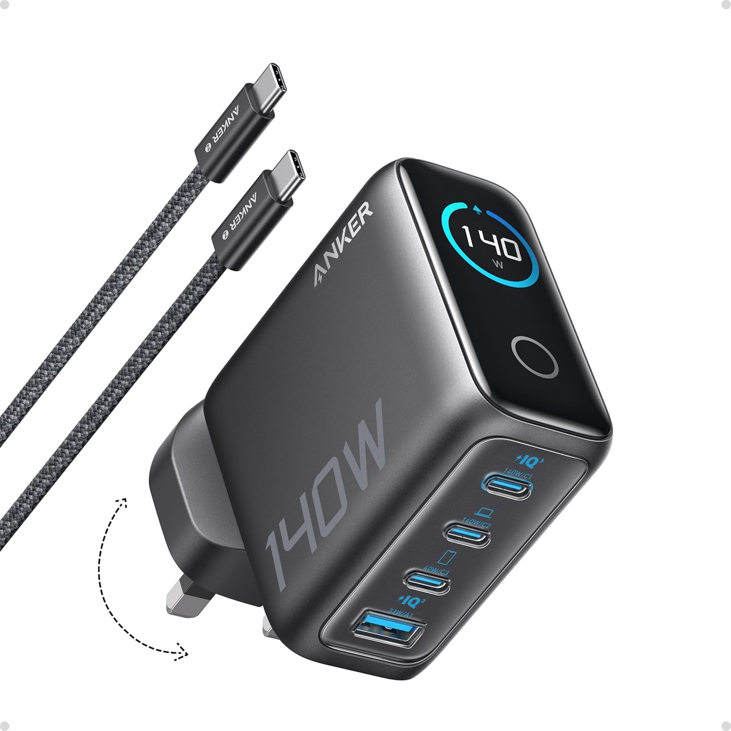 140W USB C Charger, Anker Laptop Charger, 4-Port Multi-Device Fast Charging, Advanced GaN Power Adapter, Intuitive Touch Controls, Compatible with MacBook, iPhone 16 Series, Samsung, Pixel, and More