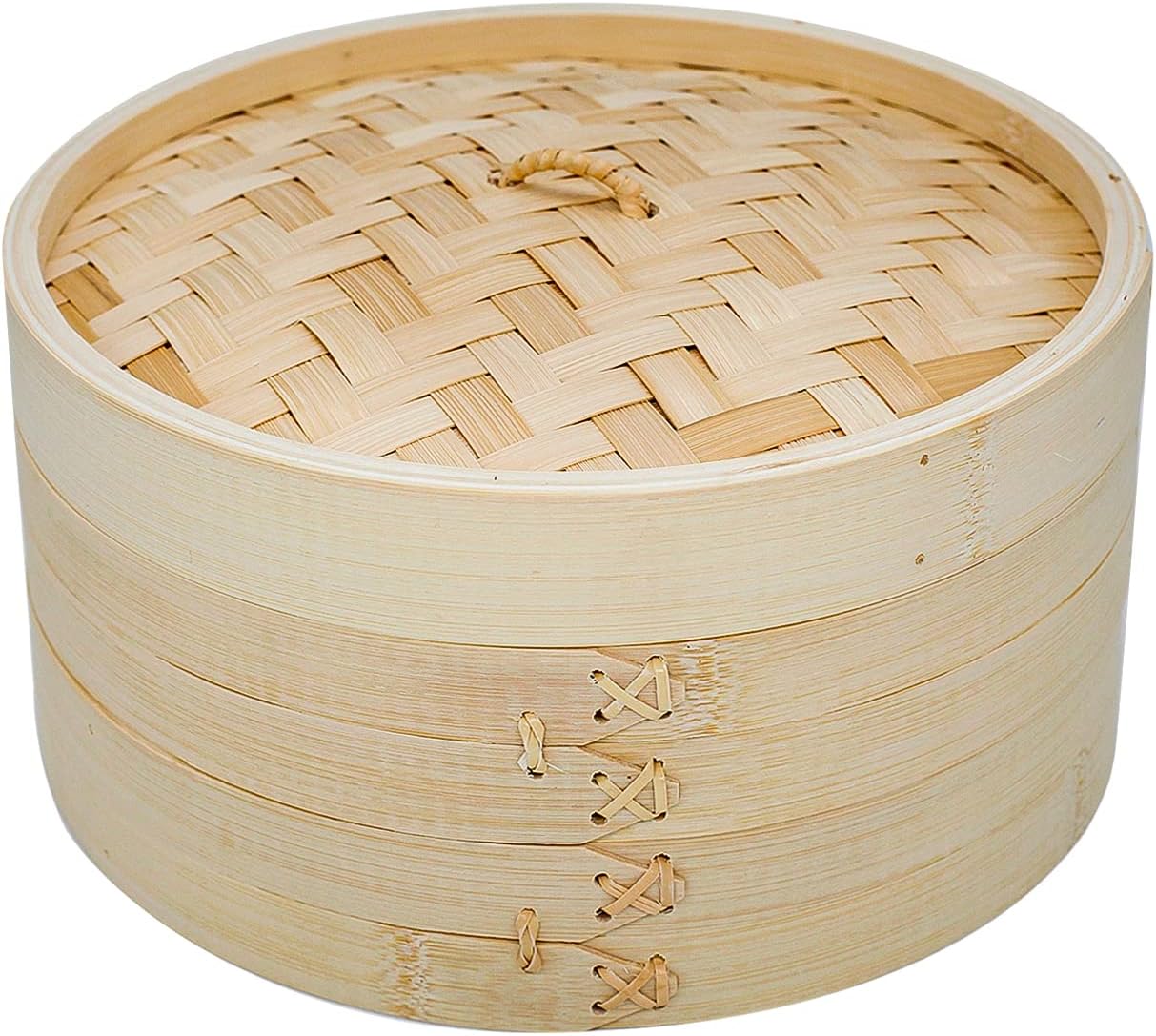 ONETANG 10 Inch Bamboo Steamer Basket, 2 Tier Steamer for Cooking, 20 Paper Liners, Perfect For Dim Sum, Chicken, Fish, Veggies, Natural Handmade Weaver