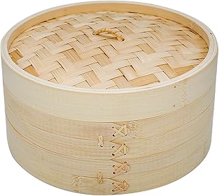 ONETANG 10 Inch Bamboo Steamer Basket, 2 Tier Steamer for Cooking, 20 Paper Liners, Perfect For Dim Sum, Chicken, Fish, Veggies, Natural Handmade Weaver