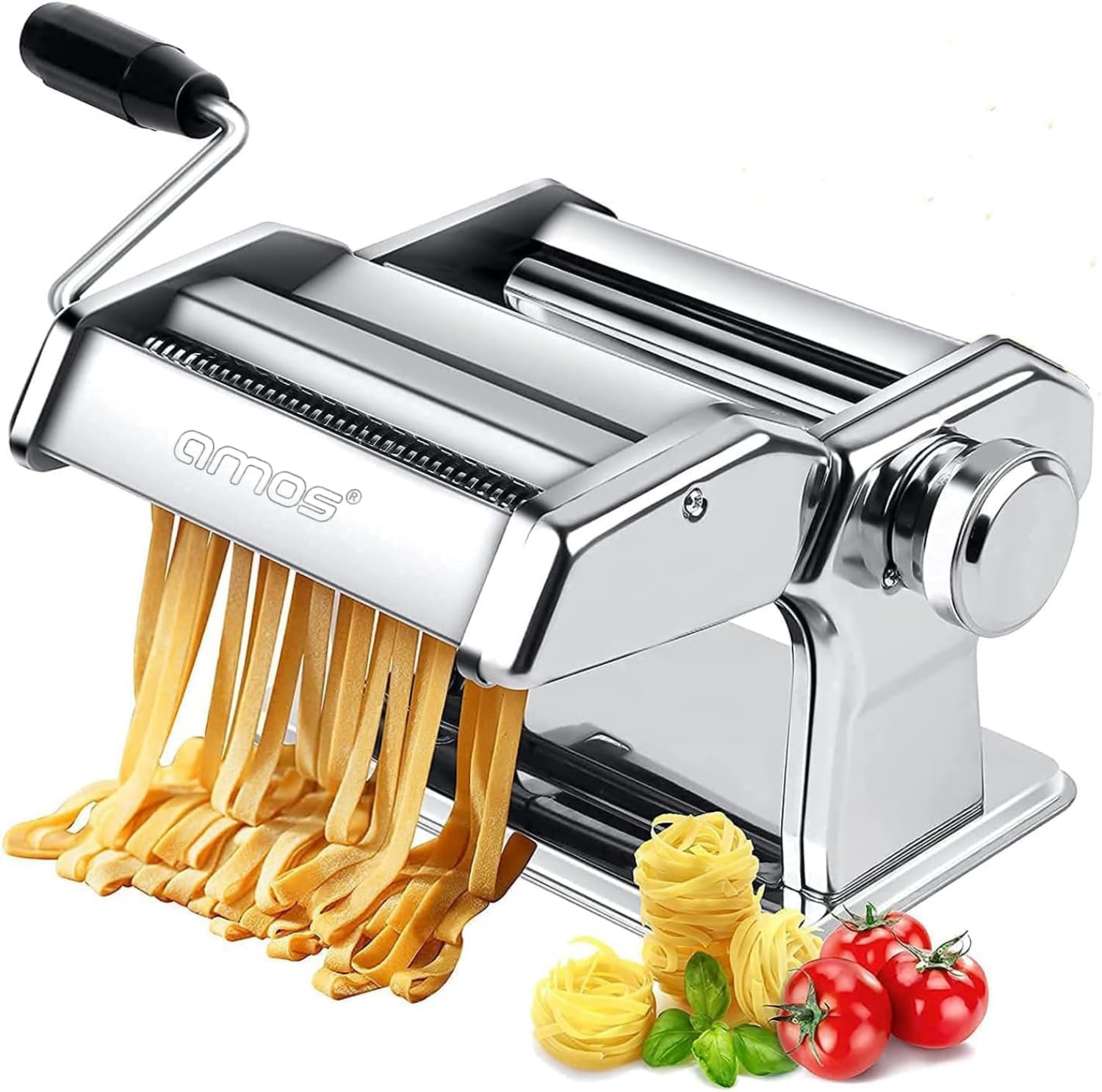 AMOS Heavy Duty Stainless Steel Pasta Maker - 3-in-1 Professional Machine for Fresh Lasagna, Spaghetti, Tagliatelle & More with Adjustable Thickness Settings
