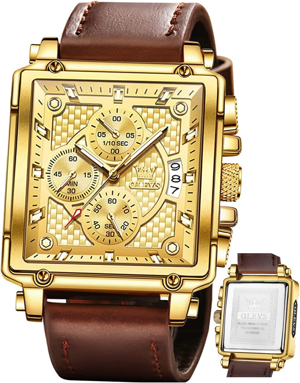 OLEVS Square Watches for Men Brown Leather Chronograph Fashion Business Watch Luminous Waterproof Casual Wrist Watches