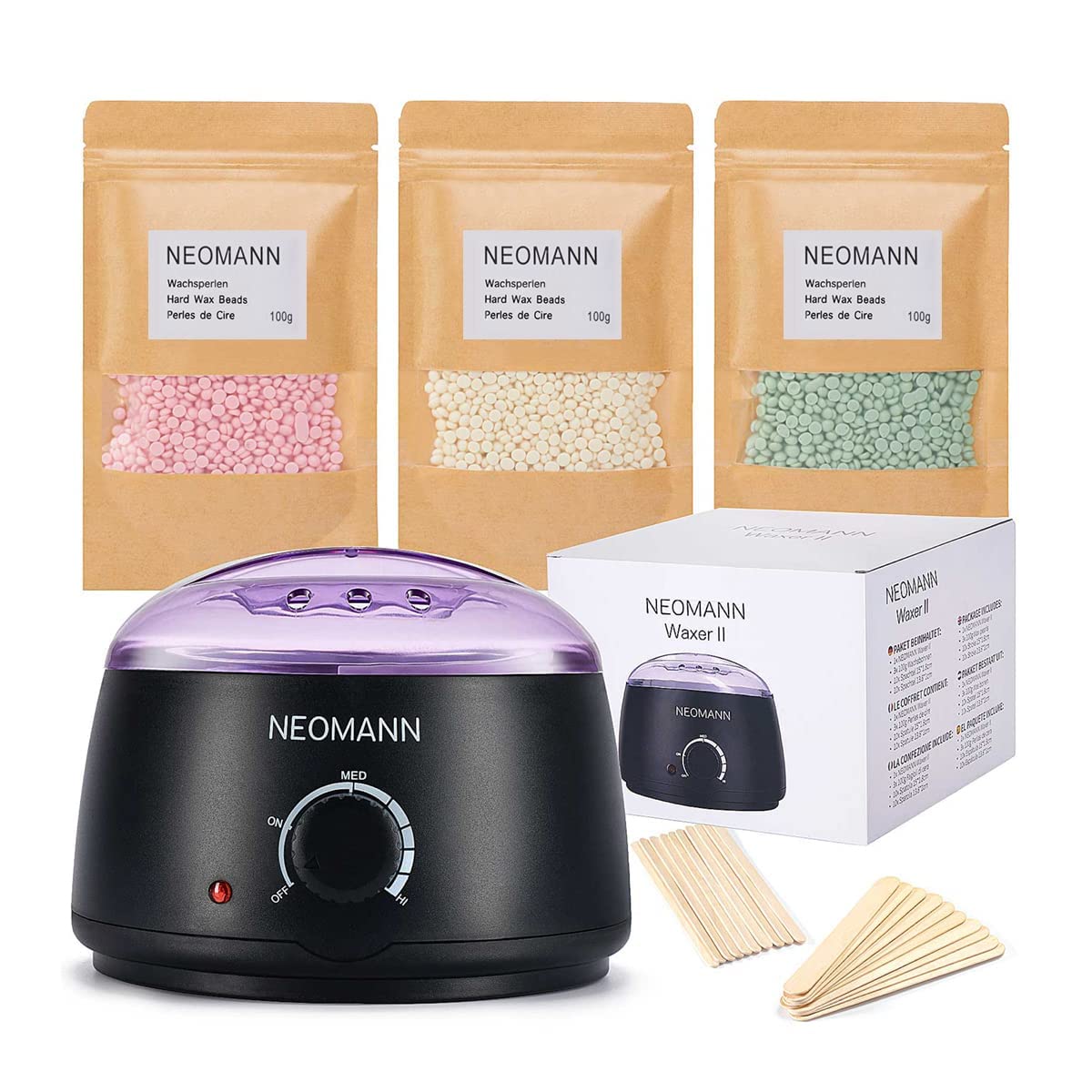 Waxer II Waxing Kit for Women and Men Non-Sticky, Teflon-Coated - Wax Warmer for Hair Removal incl. 300g Wax Beads, 20 Spatulas