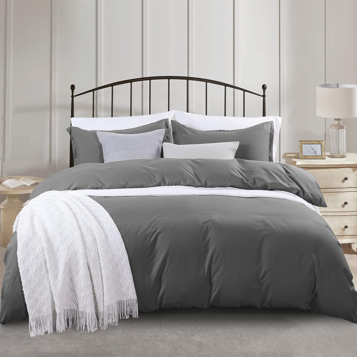 PHF Washed Soft Duvet Cover Set Super King Size, 3 PCS Silky Breathable Microfiber Comforter Cover Set, Ultra Soft Comfy with Pillow Shams (260 x 220 cm, Dark Grey)