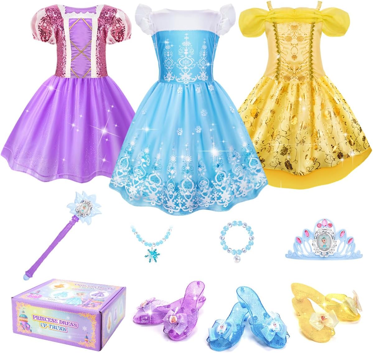 MELAND Princess Costumes for Girls, 6 PCS Kids Dress up for Girls Gift Aged 3 to 6 Year Old, Fancy Dress Role Play Toys for Birthday, Halloween