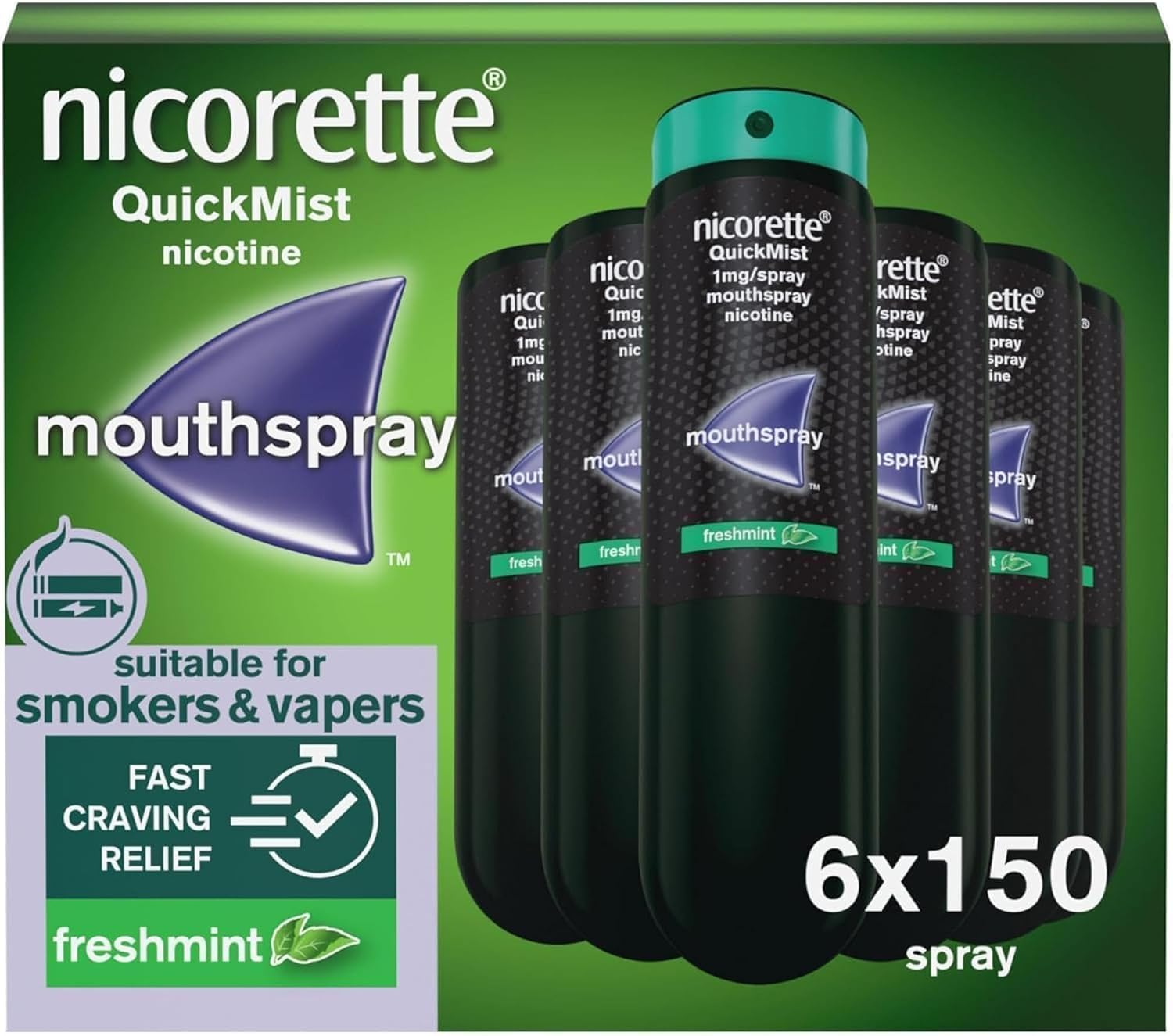 Nicorette QuickMist Mouth Spray, Freshmint (6 x 150 Sprays), Smoking or Vaping Cessation Aid, Designed to Start Reducing Cravings in 30 Seconds (Quit Smoking or Quit Vaping Aid)