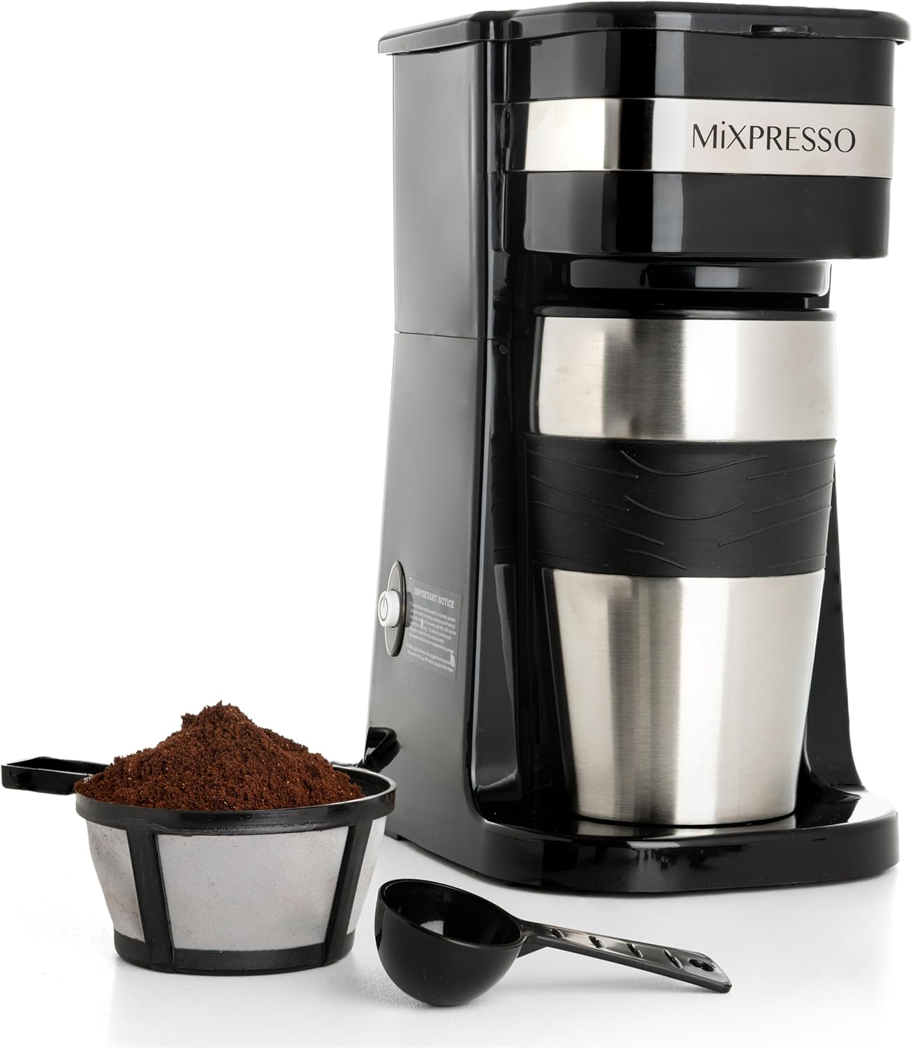Mixpresso Personal Single Serve Coffee Maker & 14oz Travel Mug, Drip Small Coffee Maker & Tumbler, Auto Shut Off & Reusable Filter, Works with Ground Coffee Only – Not Compatible with K-Cup Pods