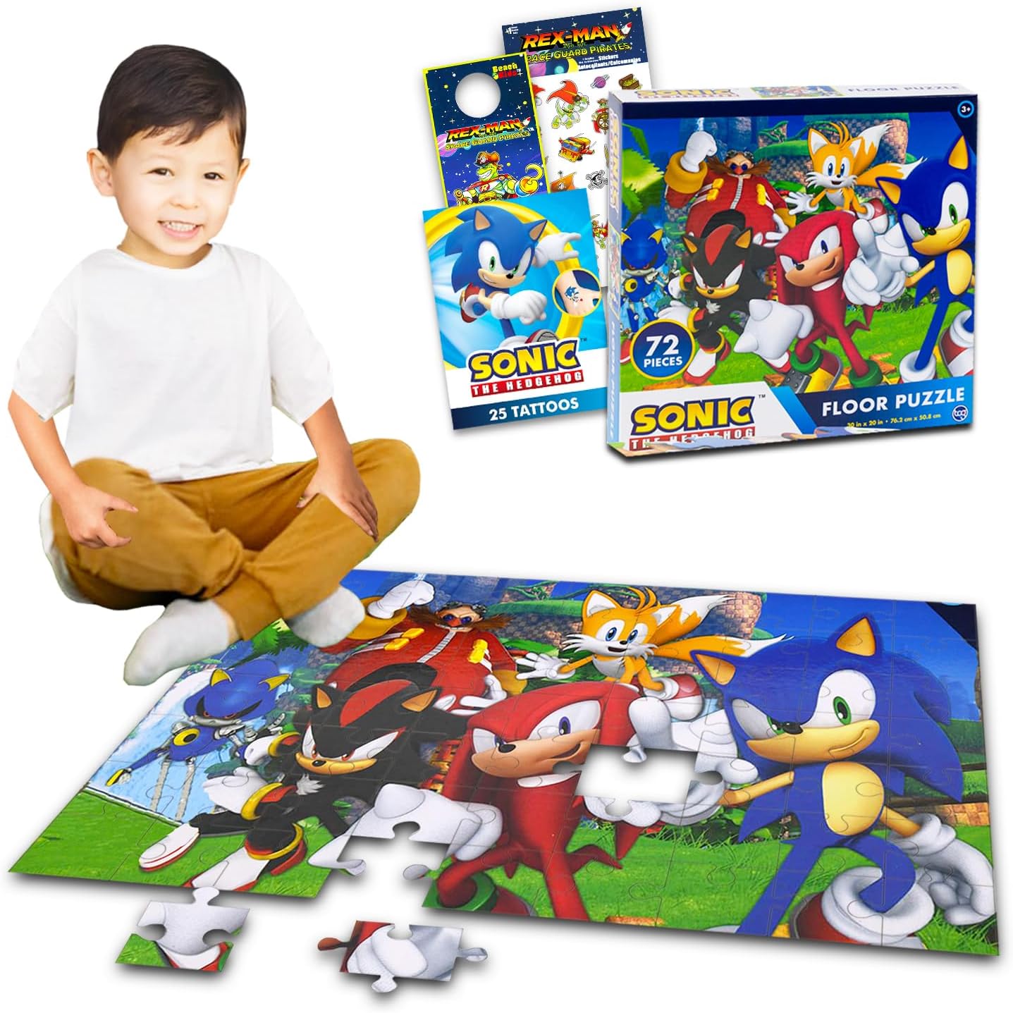 Sonic the Hedgehog Floor Puzzle for Kids Set - Bundle with 72 Piece Sonic Floor Puzzle, Stickers, Tattoos, More | Sonic Jigsaw Puzzles for Kids Ages 4-8