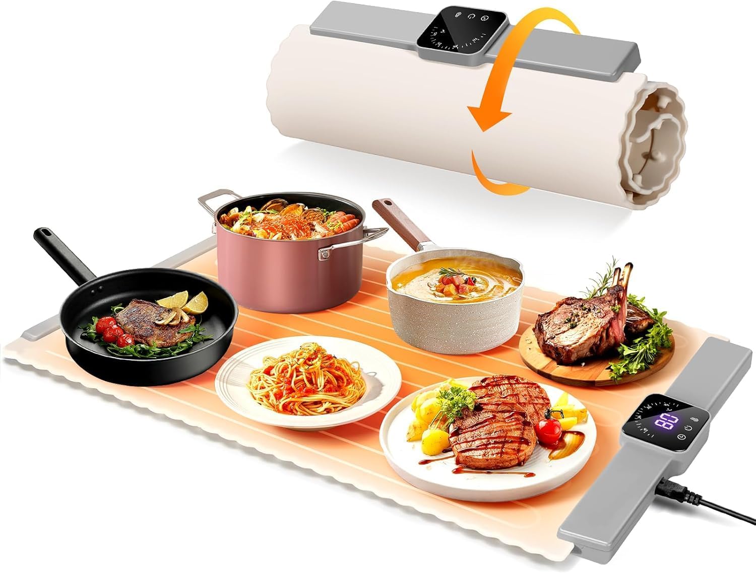 DoubleCare Silicone Heating Mat for Food, Electric Heating Tray Roll up with 5 Temperature Settings and 4-Hour Timer, Portable Fast Heating Mat for Parties, Buffets, Restaurants, Home Everyday Use