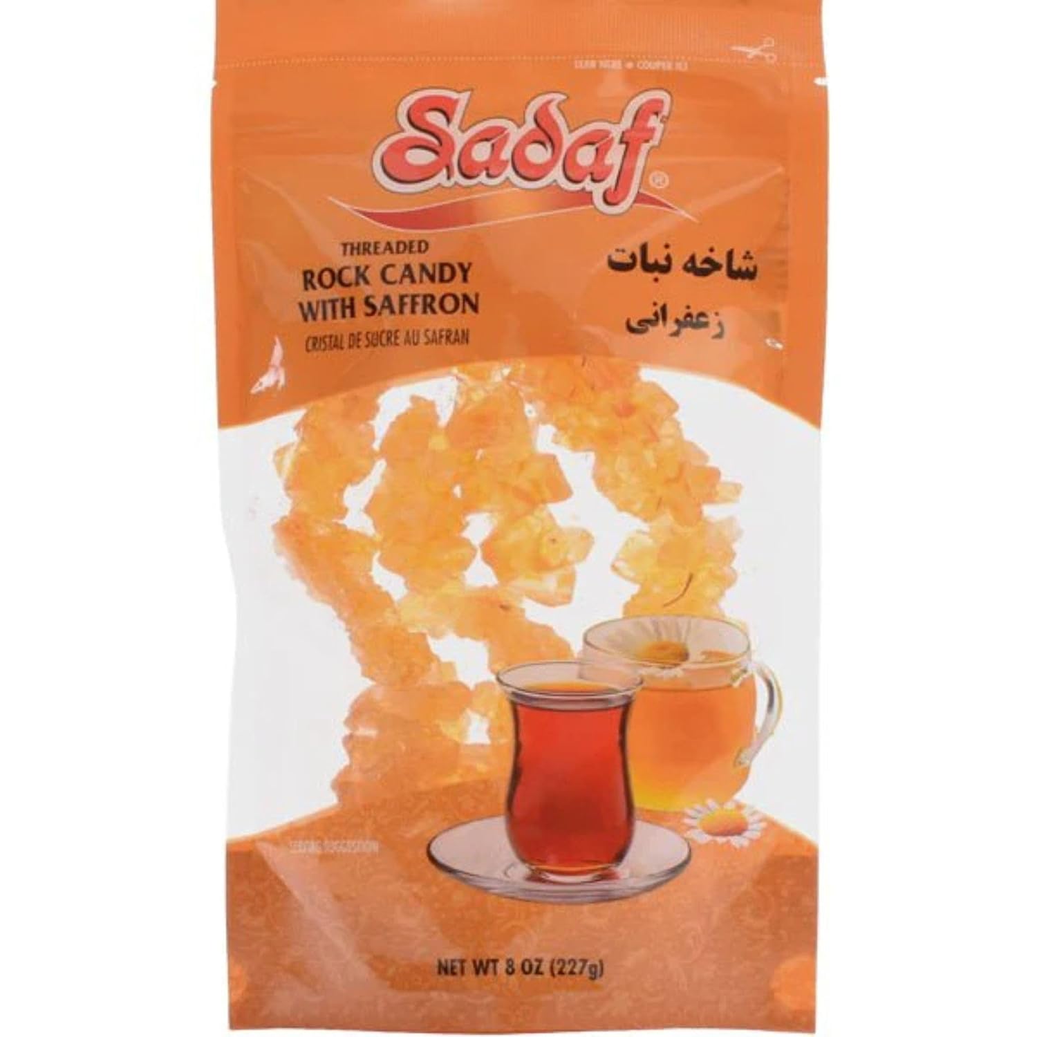 Sadaf Rock Candy with Saffron - Saffron Rock Candy for Tea and Coffee - Food Flavoring Rocks- 8 Oz Resealable Bag
