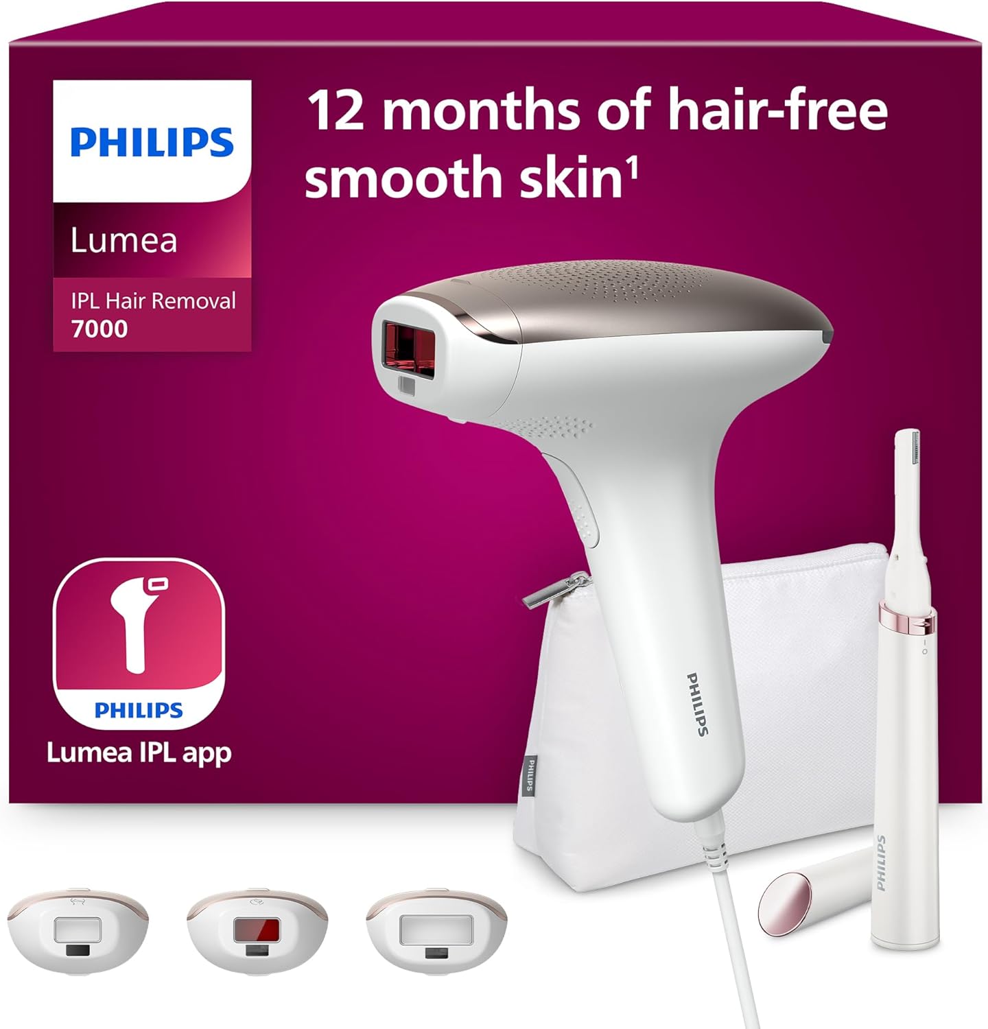 Philips Lumea 7000 Series, IPL Hair Removal Device, Laser Hair Removal Alternative, with Satin Compact Pen Trimmer, 3 Attachments for Body, Face and Bikini, Model BRI923/00