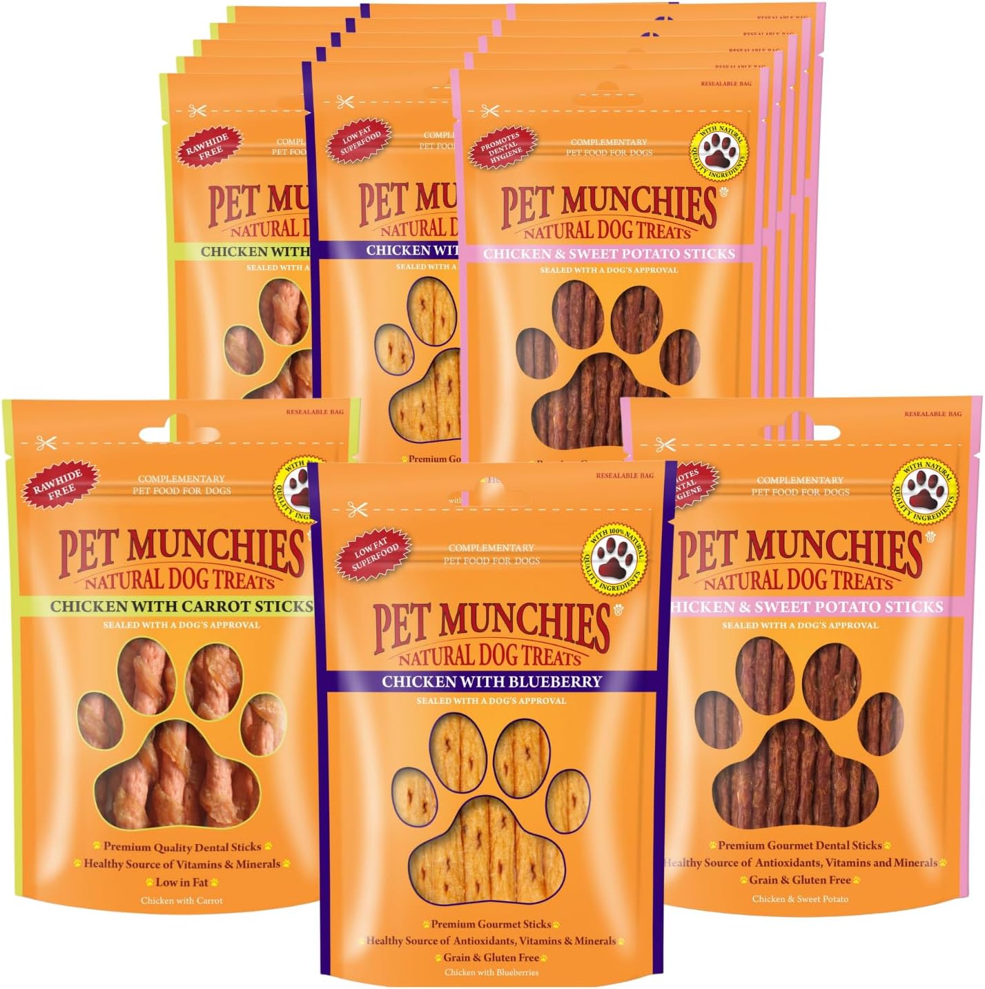 Pet Munchies Mixed Chicken Stick Bundle for Dogs, Chicken with Cheese, Blueberry or Carrot Flavour, Natural Real Meat Dog Chew Treat Sticks, 18 Variety Bags, 260g