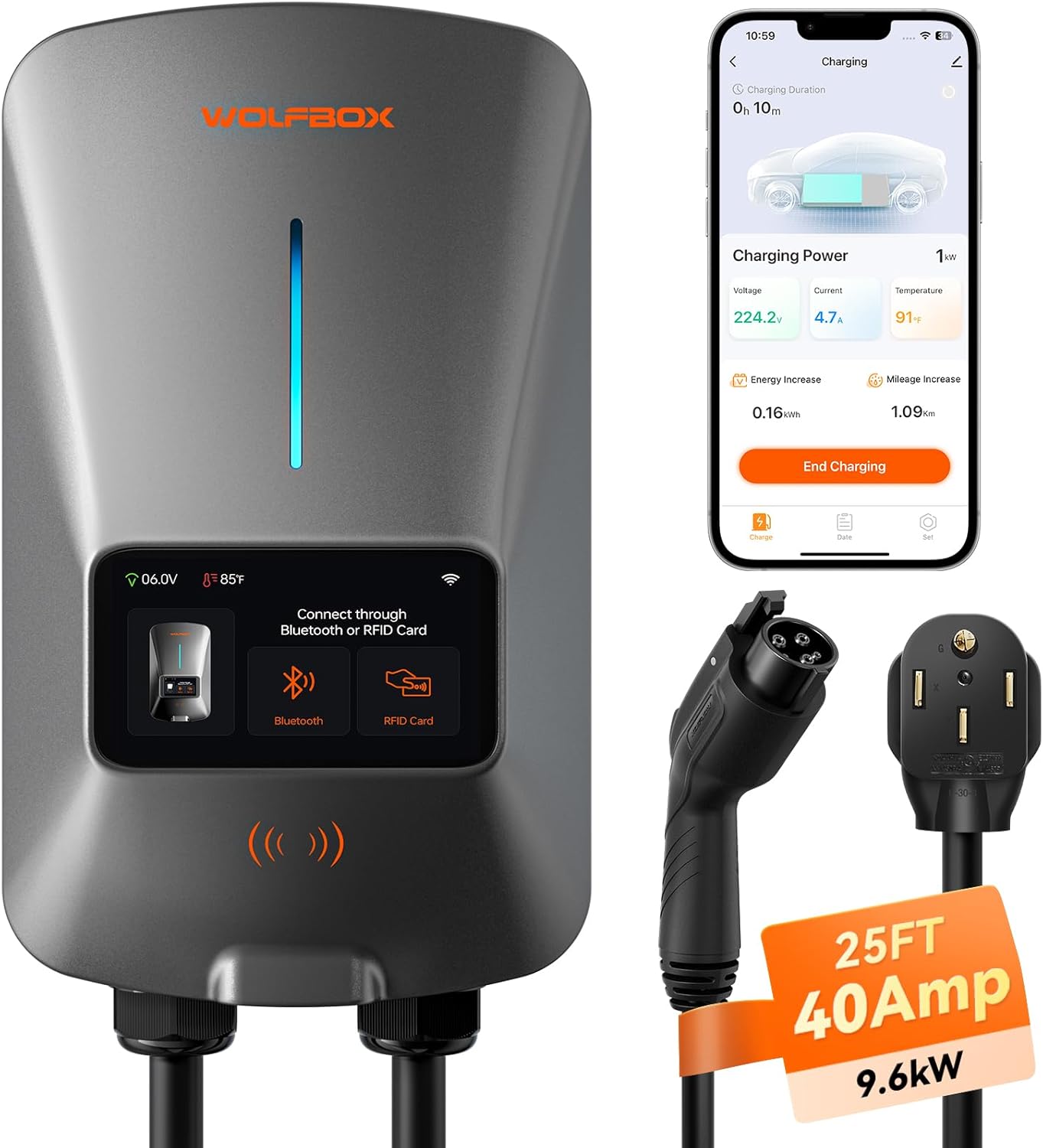 WOLFBOX Level 2 EV Charger 40 Amp - Smart Display, RFID Card, 25ft Cable, Outdoor/Indoor, NEMA 14-50 EV Charger Level 2, WiFi Enabled, 240V Electric Vehicle Charging Station for Electric Automobile