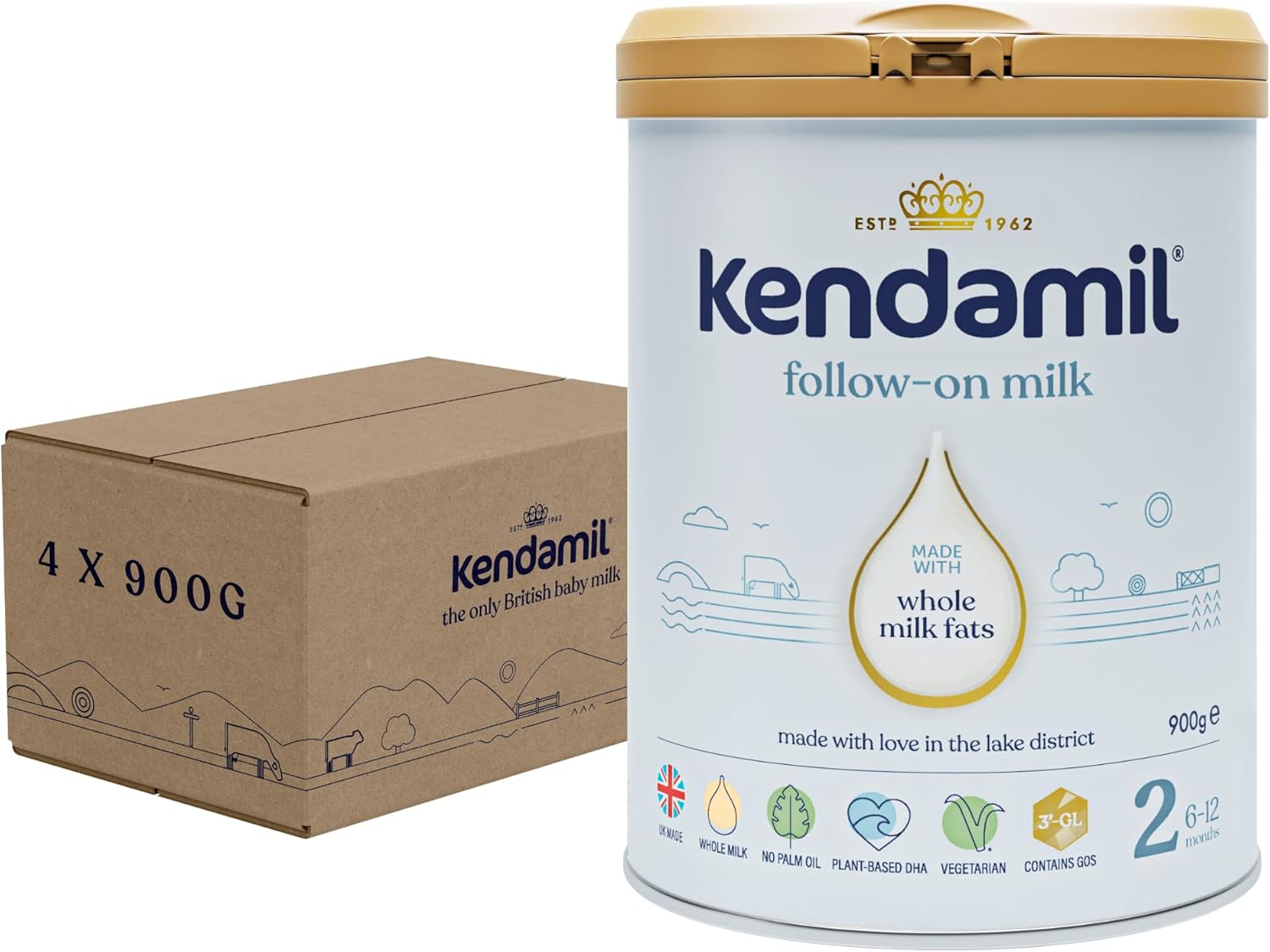(4x900g) Kendamil Follow-On Milk 4-Pack, Stage 2, 6-12 Months – British Made, Whole Milk Formula – Vegetarian, No Palm Oil, No GMOs – with Omega 3 DHA, Omega 6 ARA and Prebiotics