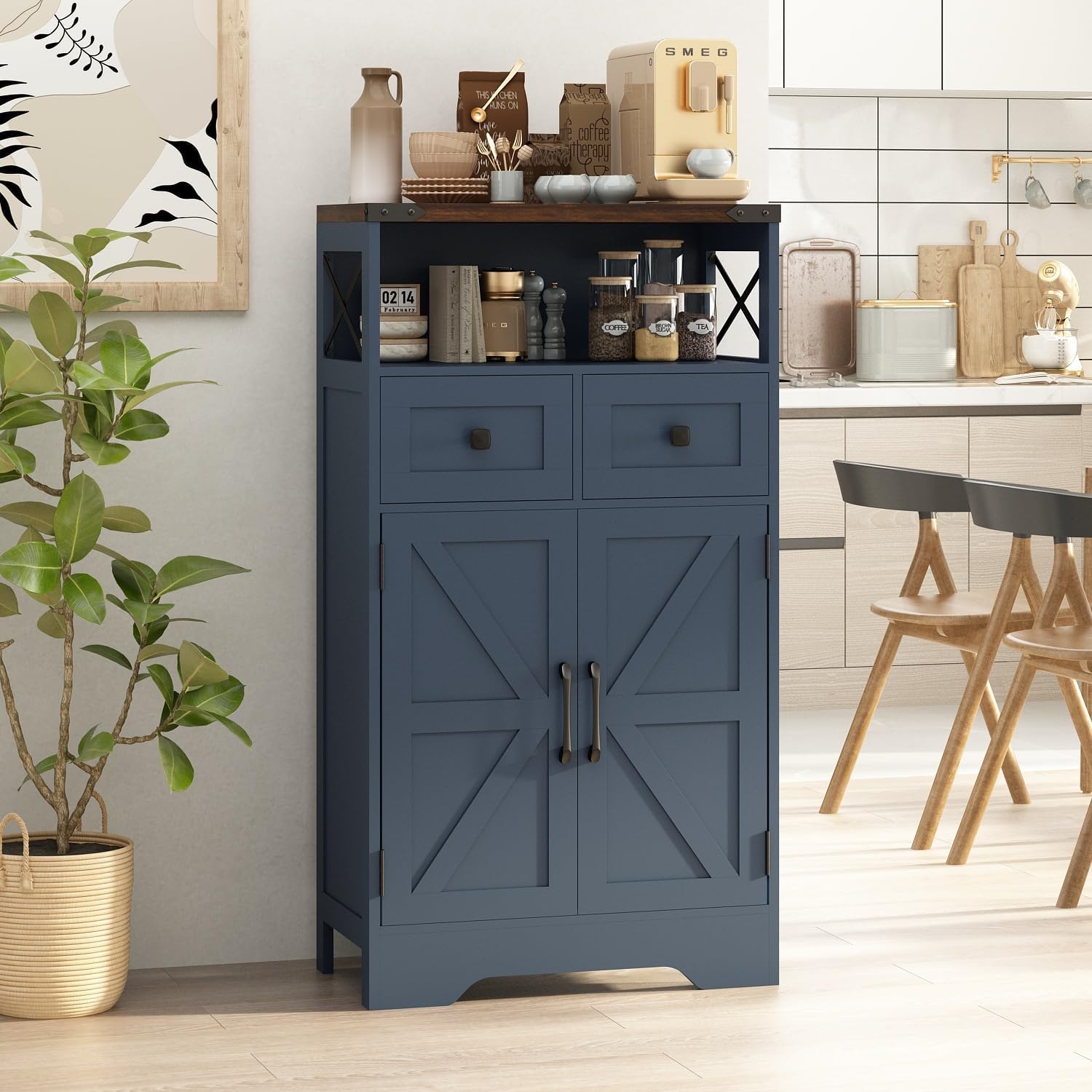 Farmhouse Kitchen Storage Cabinet, Bathroom Floor Cabinet with 2 Drawers, Barn Door and Shelf, Pantry Hutch Sideboard Cabinet for Coffee Station,Dining Room,Living Room and Hallway, Blue