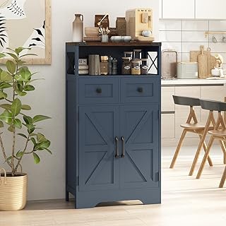 Farmhouse Kitchen Storage Cabinet, Bathroom Floor Cabinet with 2 Drawers, Barn Door and Shelf, Pantry Hutch Sideboard Cabinet for Coffee Station,Dining Room,Living Room and Hallway, Blue