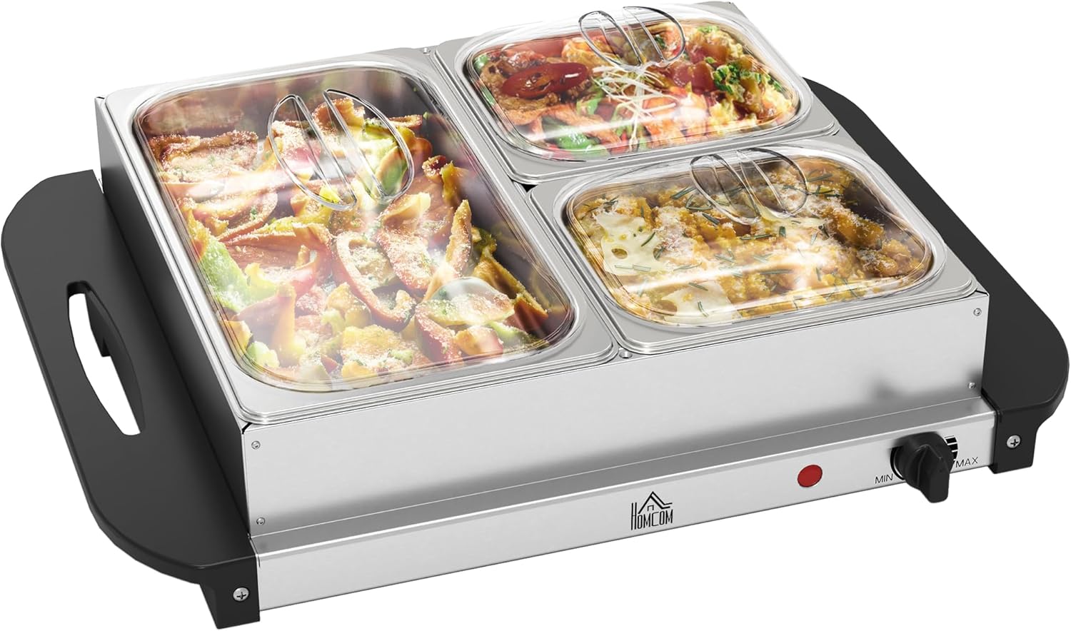 HOMCOM Electric Food Warmer 4 Tray, 4.5L Portable Buffet Server and Warming Tray with Lids, Adjustable Temperature Control and Cool Touch Handles, 200W, 1 x 2.5L and 2 x 1L