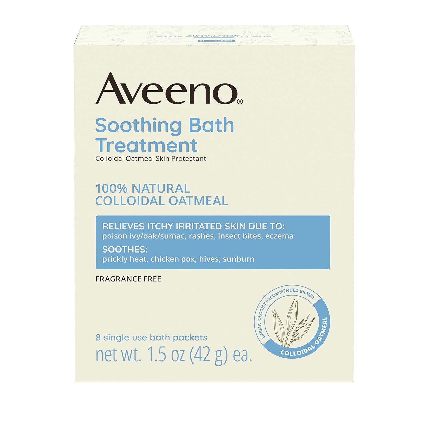 Aveeno Fragrance Free Soothing Bath Treatment, 100% Natural Colloidal Oatmeal, Sensitive Skin Bath Soak for Relief of Dry, Itchy, Irritated Skin Due to Eczema & Hives, Bath Packets, 8 ct.