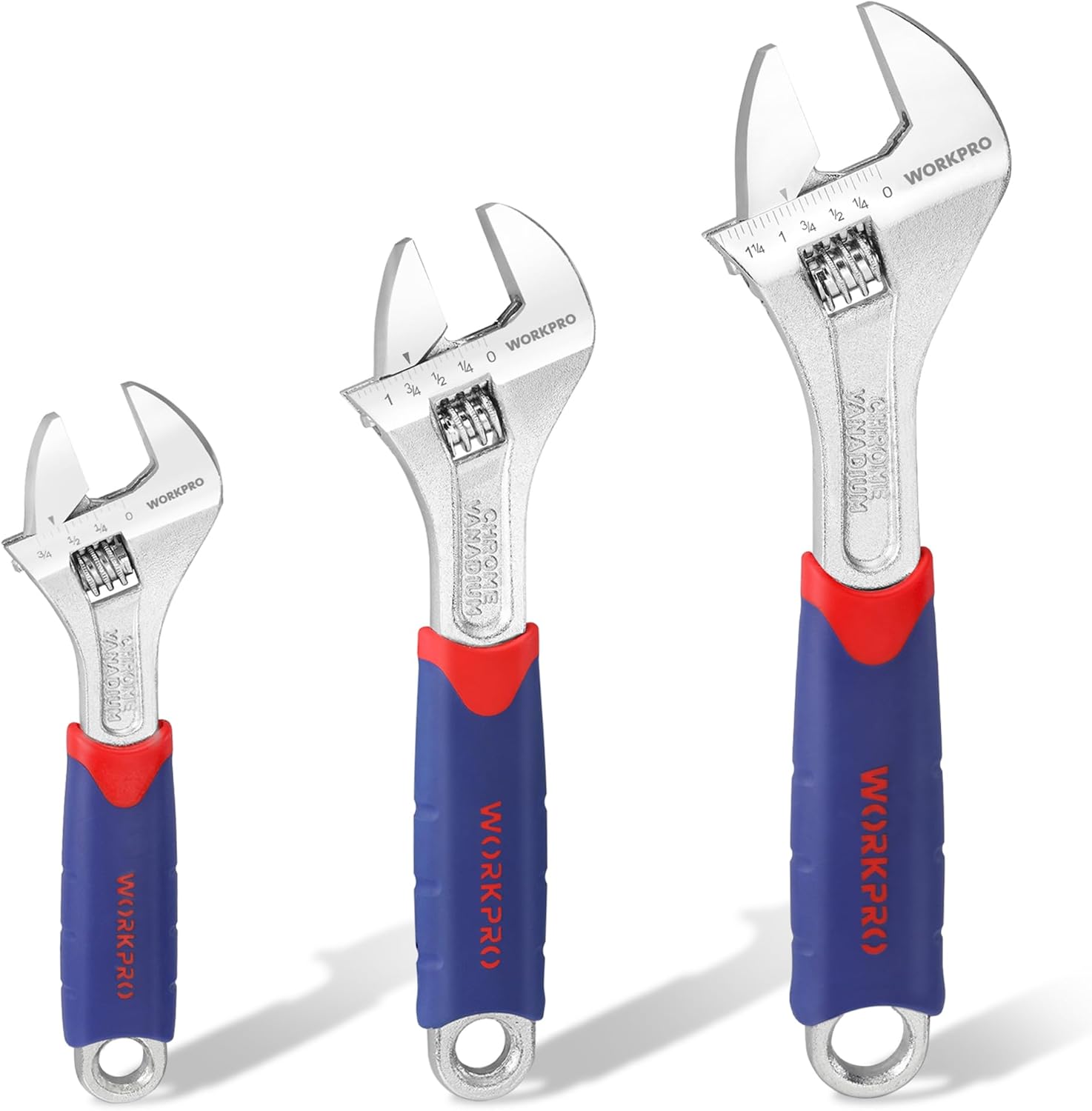 WORKPRO Adjustable Spanner Set 3-Piece, Metric and SAE Wrench Spanner, 6-inch(150mm), 8-inch (200mm),10-inch(250mm), Adjustable Spanner Wide Jaw, Soft Handle