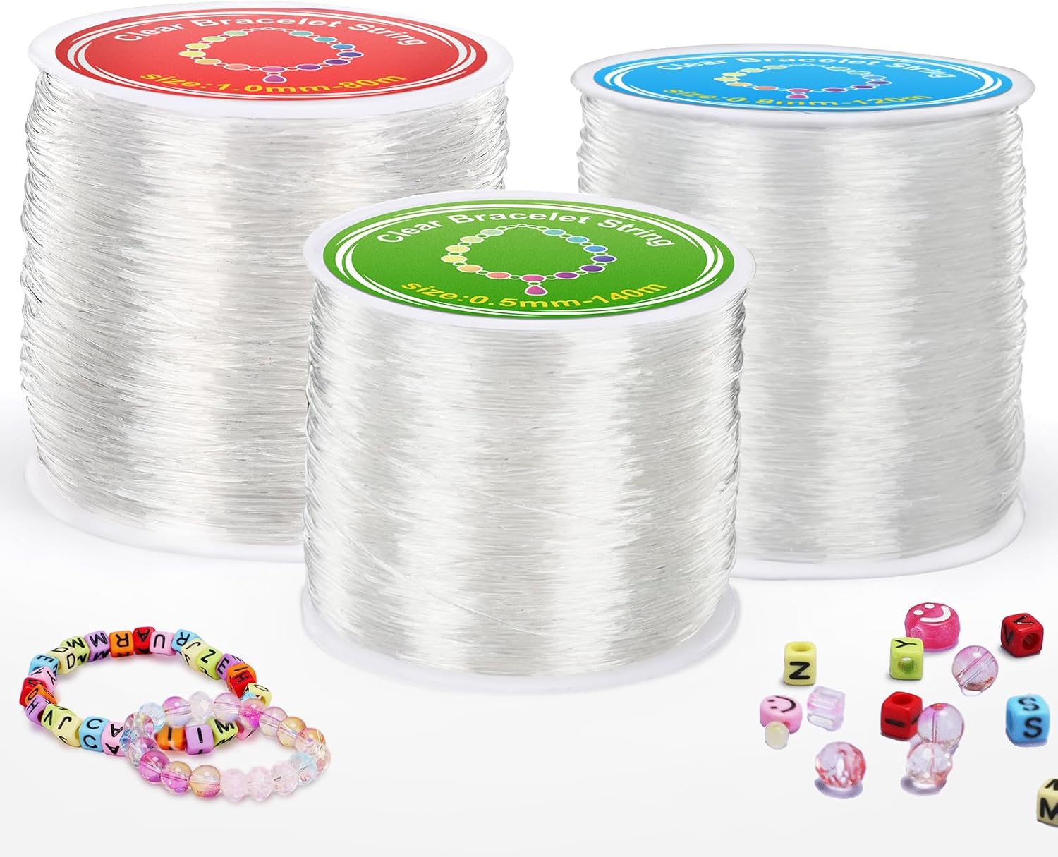 Alyvisun 3 Pcs Clear Elastic for Bracelet Making, (0.5mm, 0.8mm & 1mm) Elastic Thread for Bracelets, Bracelet Elastic String For DIY Bracelets, Necklace, Beading, Jewelry Making