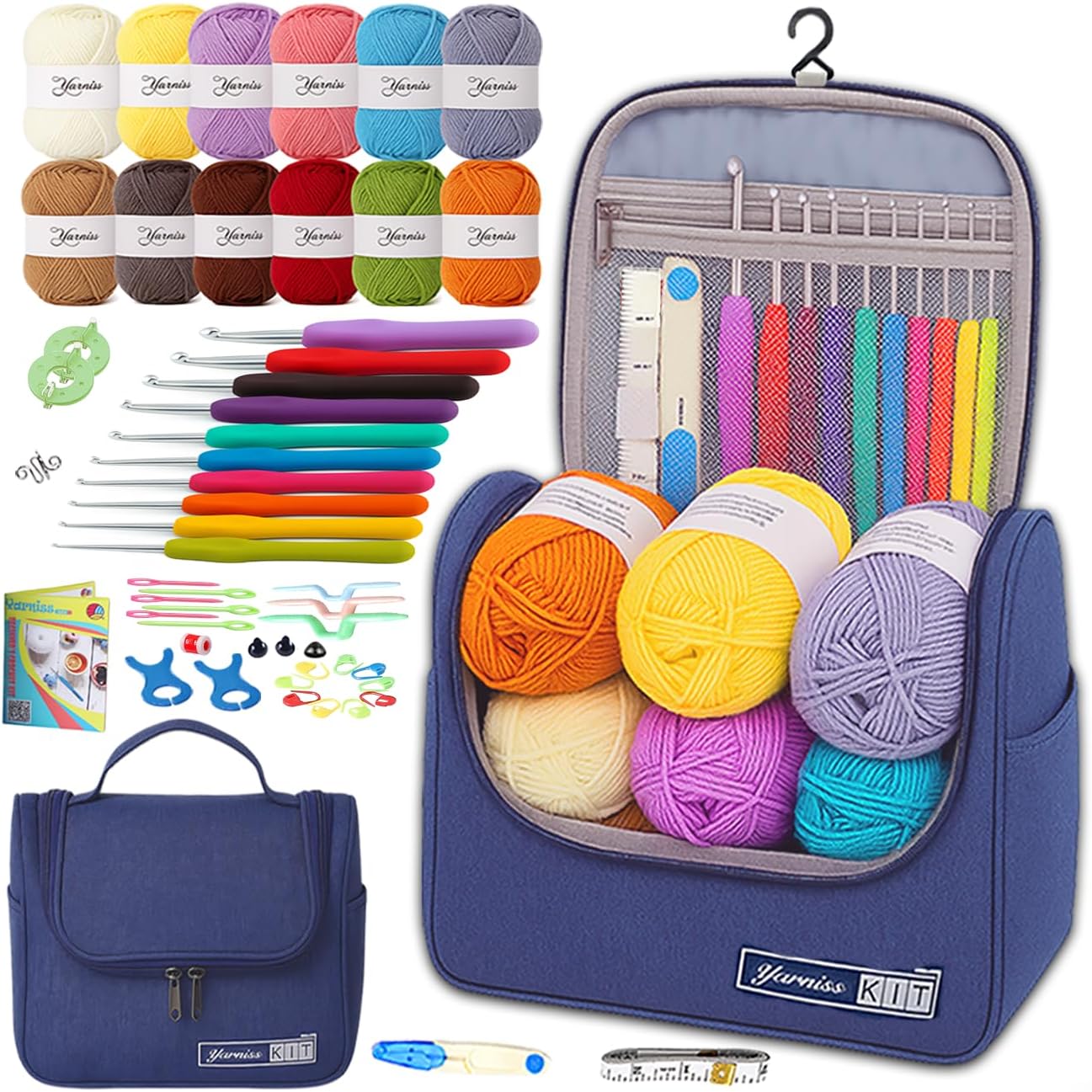 Yarniss Crochet Kits for Beginners,All in One Crochet Kits with 840 Yards Crochet Yarn,Ergonomic Crochet Hooks Set with Yarn for Adults,Navy