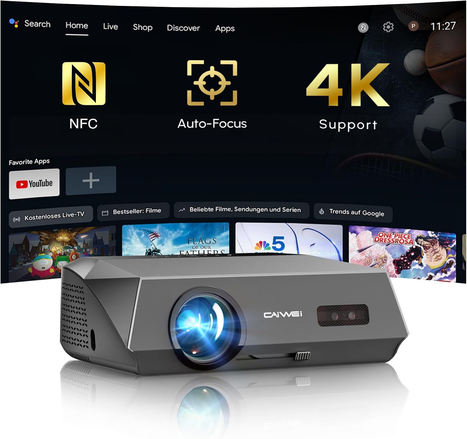 4K Smart Projector with Google TV Certified Apps,2300ANSI Daylight Use,DB Audio,ToF CMOS Auto Focus,WiFi6,Bluetooth,HDMI ARC,NFC,Ultra HD Projector for Home Cinema Outdoor Movie Gaming Bedroom