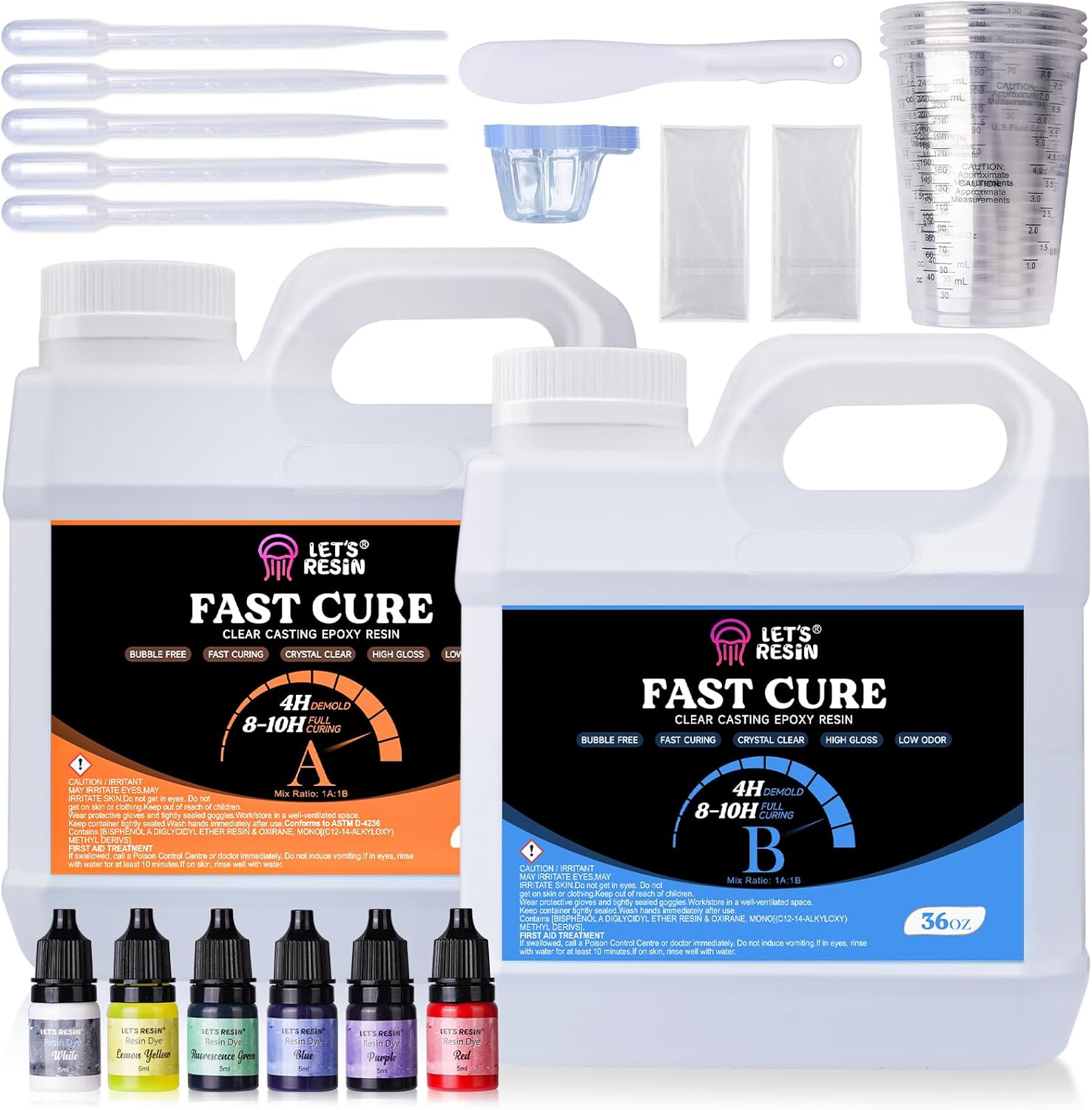 LET'S RESIN Fast Cure Epoxy Resin,Demold in 4 Hours,72OZ Upgrade Quick Drying & Crystal Clear Resin,Bubble Free Epoxy Kit for Craft,Art, Craft Supplies with Dye, Cup,Stir Stick