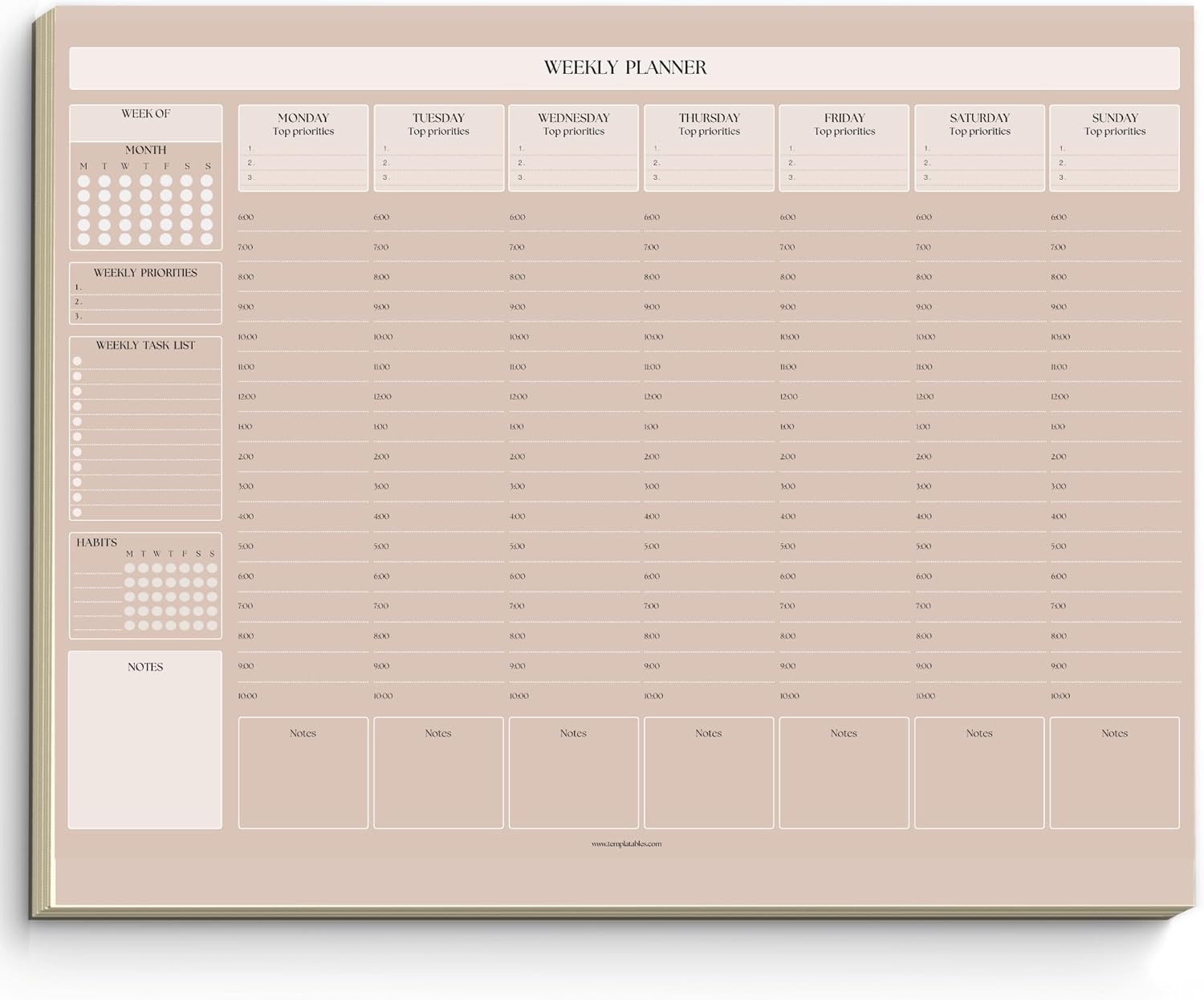 Weekly Hourly Planner Notepad, Daily Planner Desk Pad, Weekly Schedule, To Do List Note Pad, ADHD Planner | 50 Undated Tear Away Sheets | A4 (Lux)