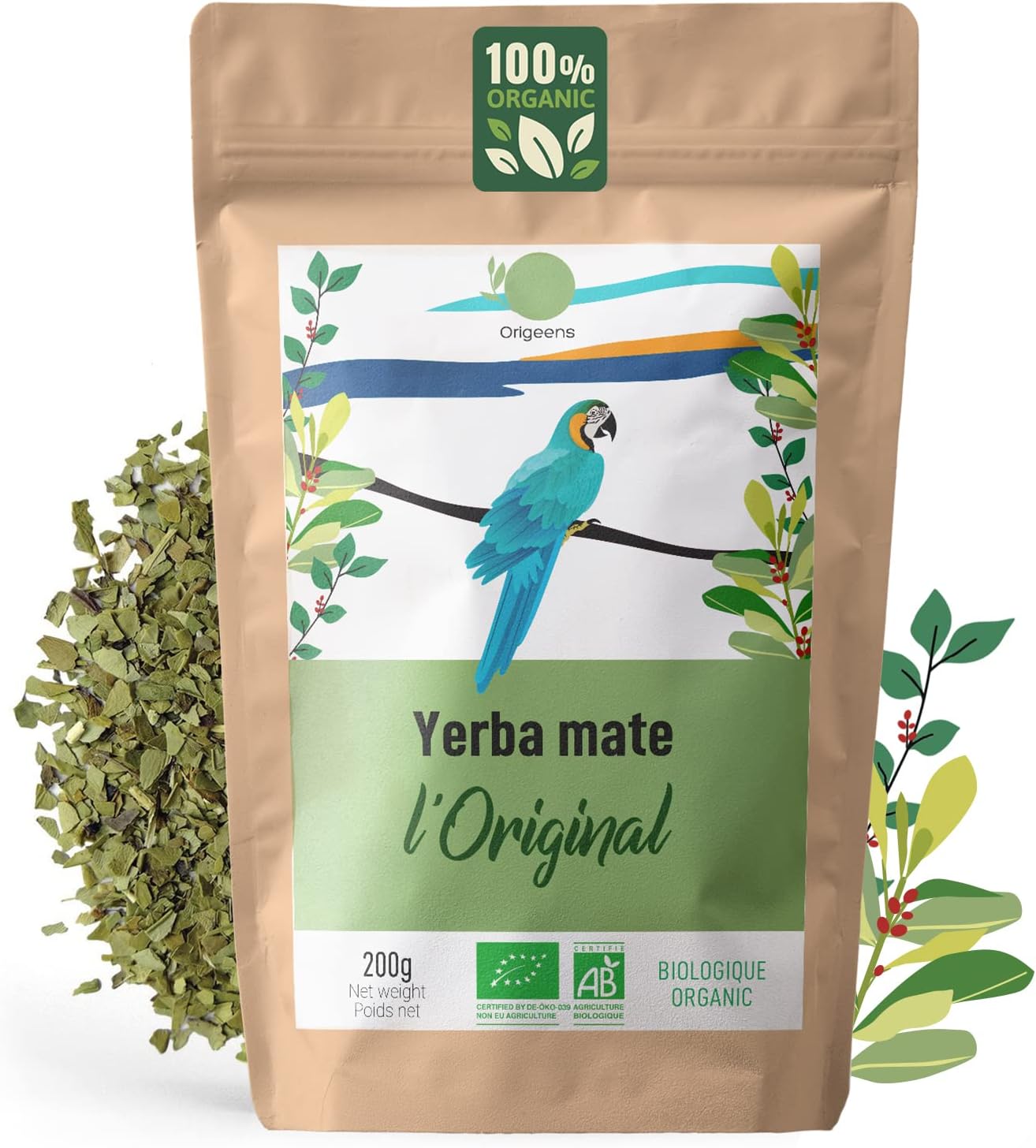 ORIGEENS ORGANIC YERBA MATE 200g | Yerba Mate Tea unsmoked, Leaf, without stems, not powdery | Energy and Detox Drink