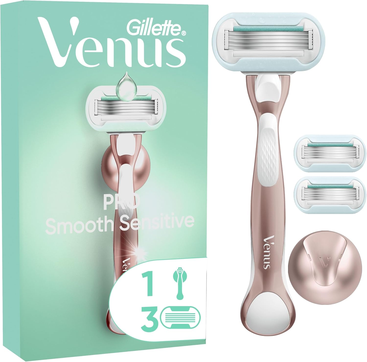 Gillette Venus Pro Smooth Sensitive Women’s Razor for Sensitive Skin, 1 Refill Razor Cartridges, Reusable Metal Handle and Shower Holder