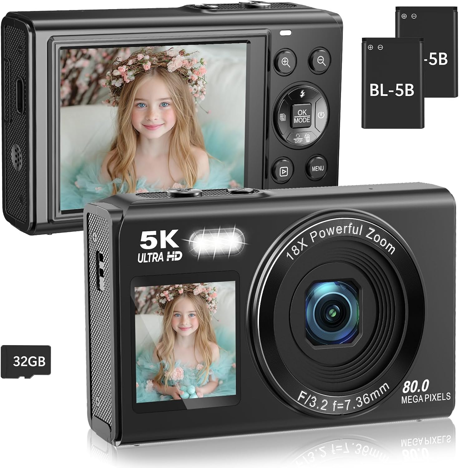 5K 80MP Digital Camera with Fill Light & 16X Zoom - Dual Screen Vlogging Camera for YouTube/Blogging, WiFi, 32GB TF Card, 2 Batteries, 2.8" LCD, Camera Strap (X9-Black)