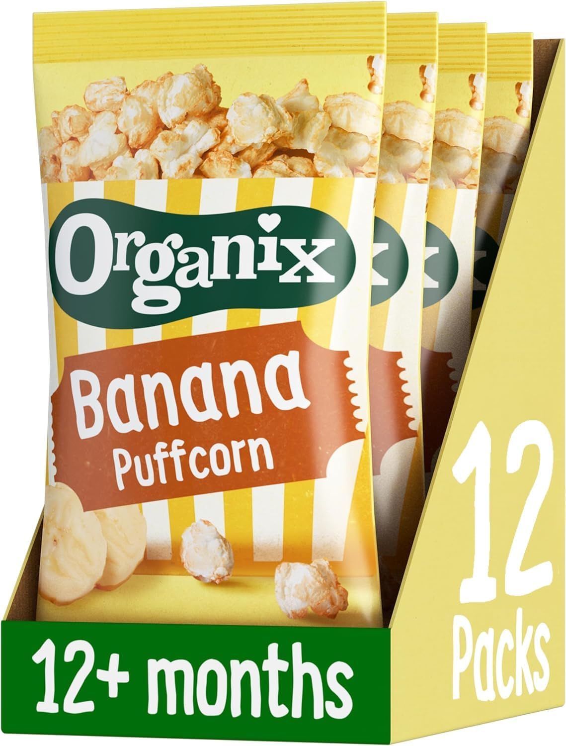 Organix Banana Puffcorn Organic Finger Food Toddler Snack 12+ Months Multipack, 4 x 10 g Bags Per Pack (3 Packs Total)