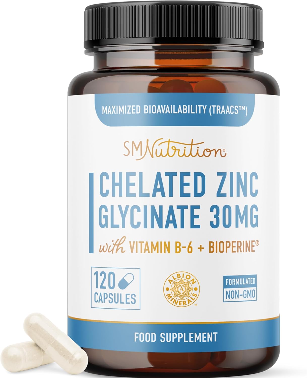 Chelated Zinc Supplements - Zinc Glycinate 30 mg (120 Capsules) Highly-Absorbable TRAACS Chelated with Vitamin B6 & BioPerine - Immune & Skin Health Support - Non-GMO, Gluten-Free - 4 Month Supply