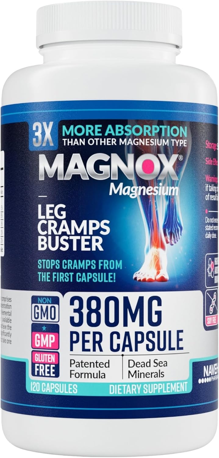 MAGNOX® Magnesium Supplement for Muscle & Leg Cramps at Night Clinically Tested & Proven to Have 3X More Absorption 380mg Magnesium Oxide for Restless Legs Syndrome (120 Caps)