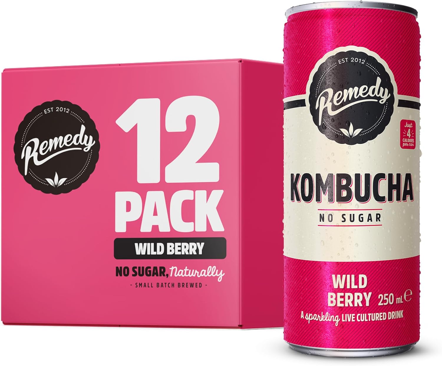 Remedy Kombucha Tea - Wild Berry - Sparkling Live Cultured, Naturally Sugar Free Soft - Probiotic for Gut Health - 12 x 250ml