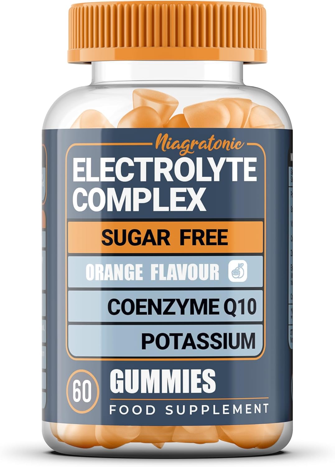 Electrolyte Gummies with Potassium, 60 Sugar Free Vegan Gummies, Orange Flavour, Coenzyme Q10, Magnsium, Zinc, Calcium, Vitamin D3