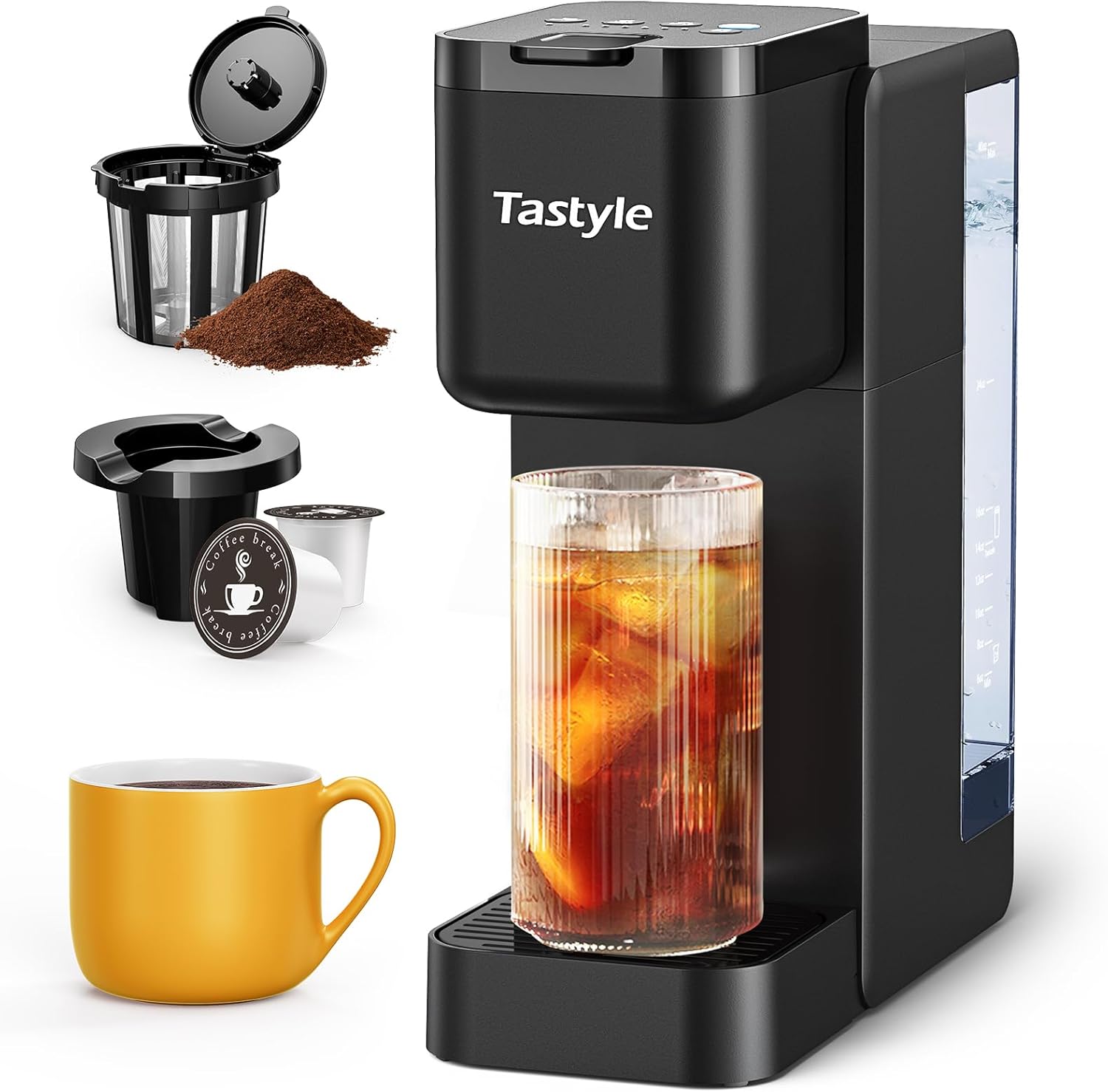 Single Serve Hot & Iced Coffee Maker with Strong Brew, 40oz Removable Reservoir, 6 Brew Sizes, Compatible with K Cup and Grounds, Compact for Home, Office, RV and Dorm, Black (2.0 Version)
