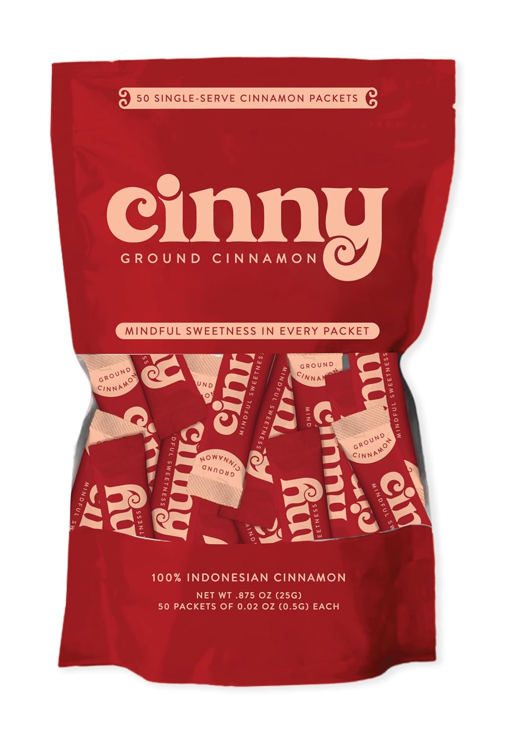 CINNY, 50 Single-Serve Packets Ground Cinnamon - .02 oz Packets of Pure, Ethically Sourced, Indonesian Cinnamon, Perfect for Coffee, Tea, Smoothies, Fruit and Snacks