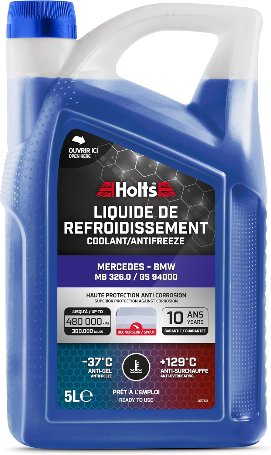 Holts HAFR0008B Antifreeze Coolant for Car Mercedes & BMW, 10-year 300k mile long life, protection to -37°C, Includes Spout, Blue, 5 Litre