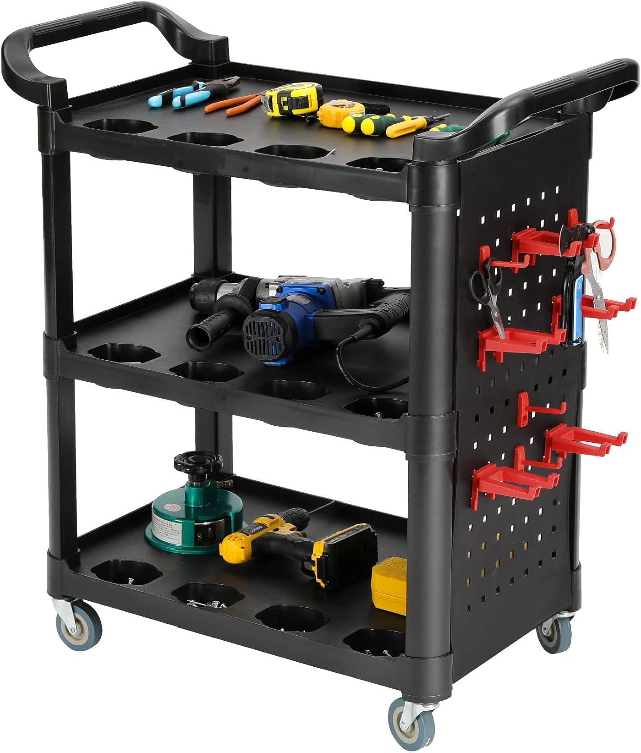 3 Tiers Workshop Garage Tool Storage Trolley Cart Plastic, Heavy Duty Rolling Tools Trolleys on Wheel with 8pcs Hooks and Hanging Plate, Push Along Utility Service Carts w/ 2 Side Handles