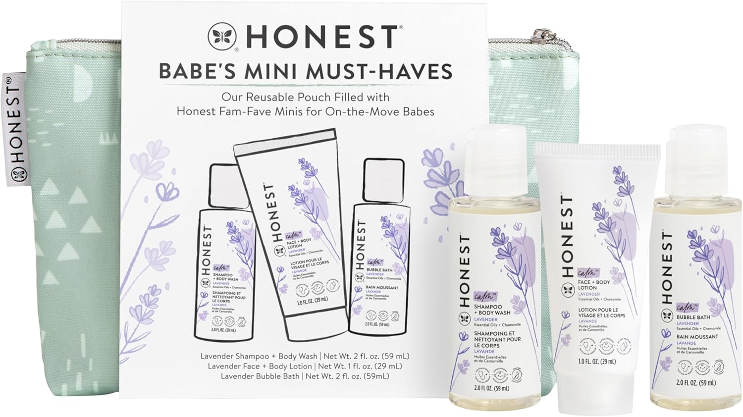 The Honest Company Babe's Mini Must Haves Gift Set | Travel Size Hypoallergenic Lavender Bathtime Essentials | Shampoo + Body Wash (2 fl oz), Face + Body Lotion (1 fl oz), Bubble Bath (2 fl oz)