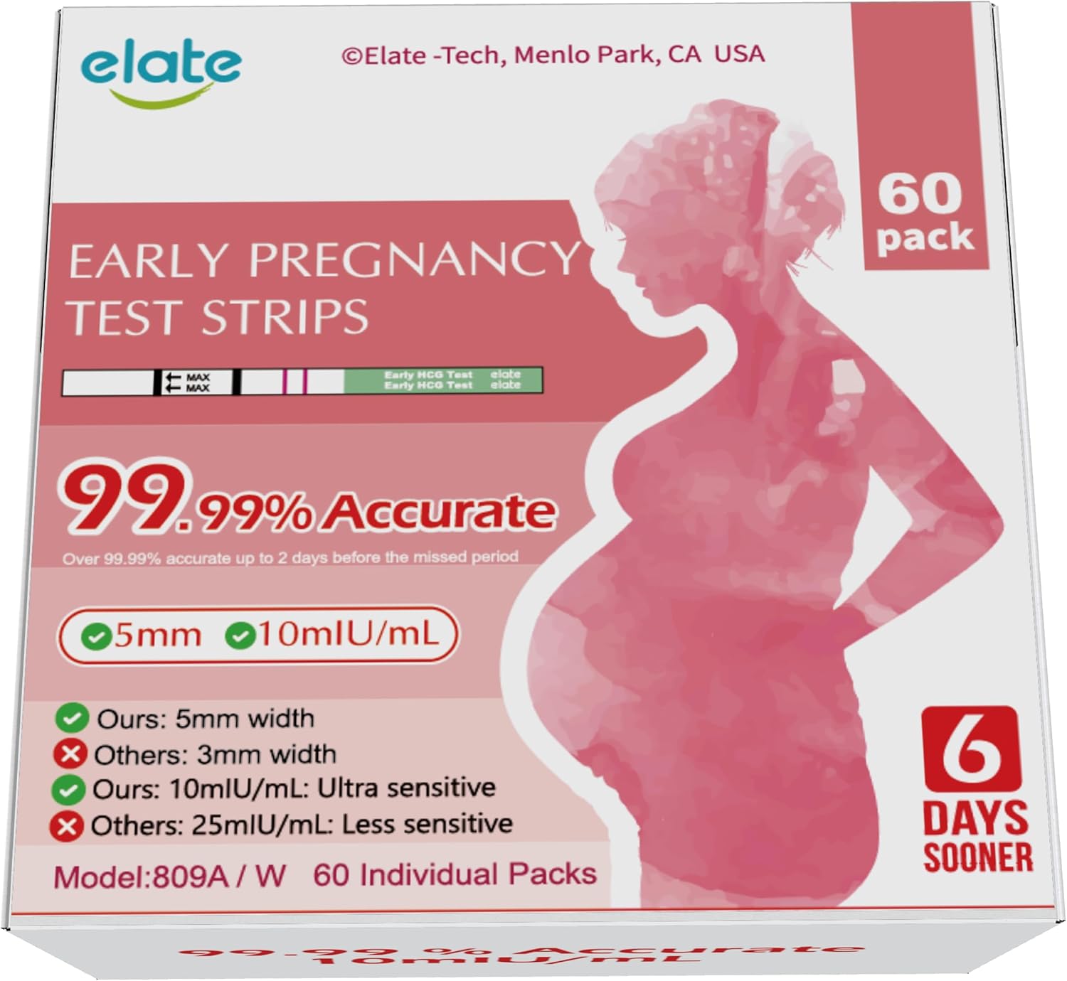 Elate HCG Early Detection Pregnancy Test Strips, 60 Pack | 6-Days Sooner, 99.99% Accurate, Ultra-Sensitive 10 MIU/mL, Early Result ept, Mom 2-Sec Easy at Home, Clinic or Travel Use, FDA-Cleared, 5mm