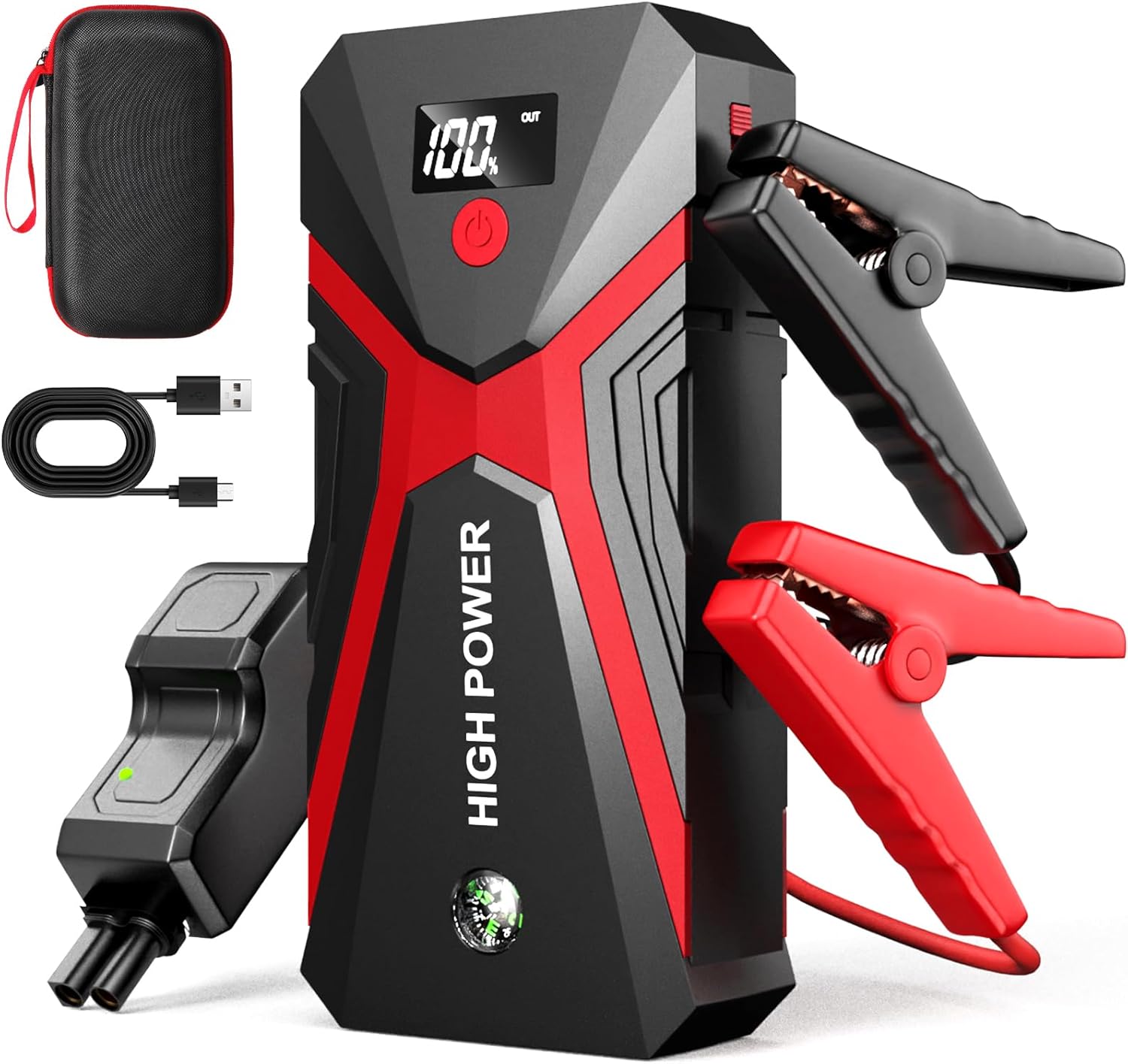 NHOWIN Jump Starter Power Pack, 4-IN-1 Car Battery Booster (Up to 8.5L Gas or 5.0L Diesel Engine) with Leads, Portable Car Jump Starter Power Bank with USB Fast-Charging Port and LED Flashlight