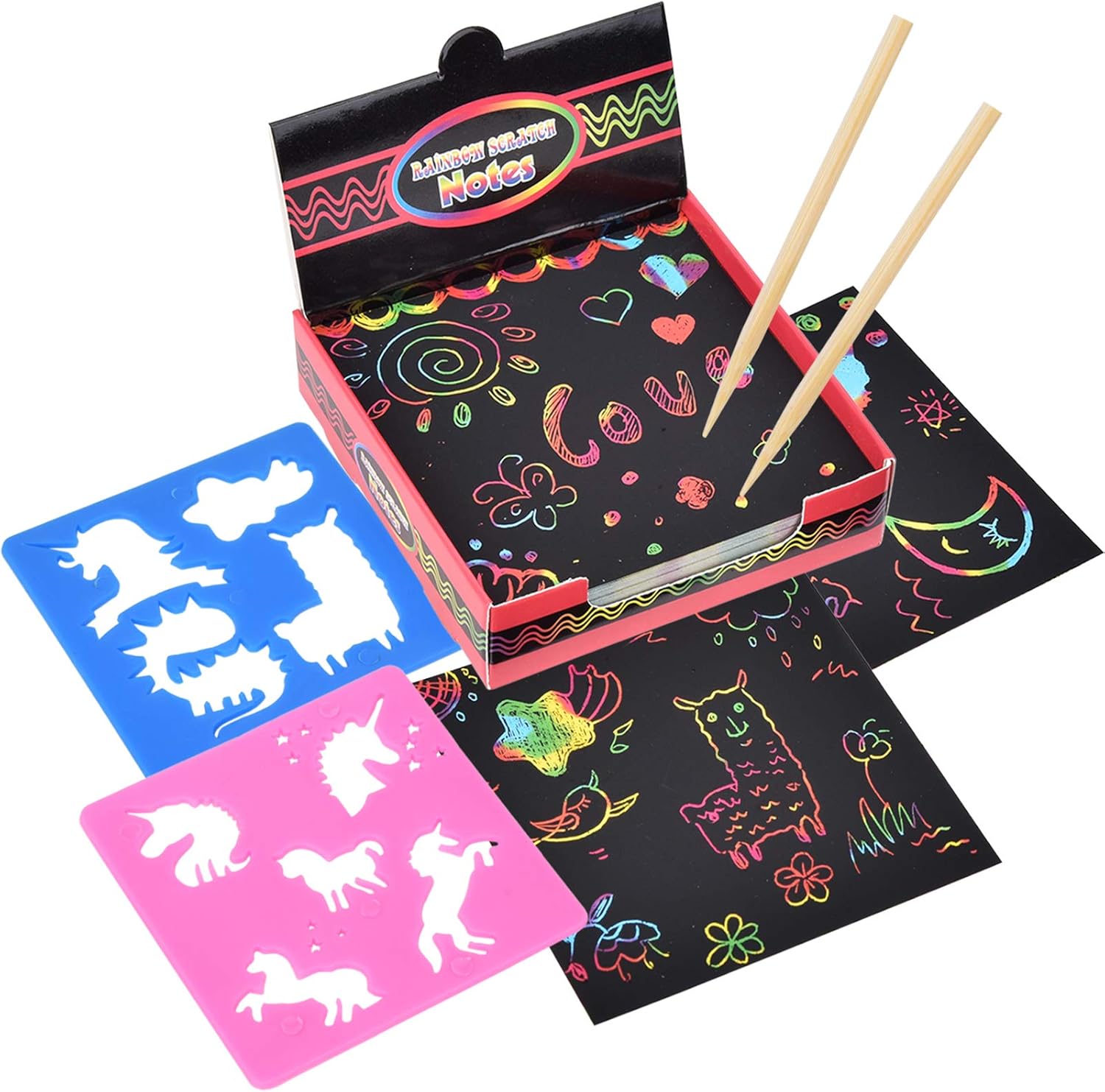 Scratch Arts Age 3+ [125 Sheets + 2 Wooden Stylus + 2 Stencils] Arts and Crafts for Kids, DIY Projects, Black Paper Magic Rainbow Painting Boards [8.5*8.5cm]