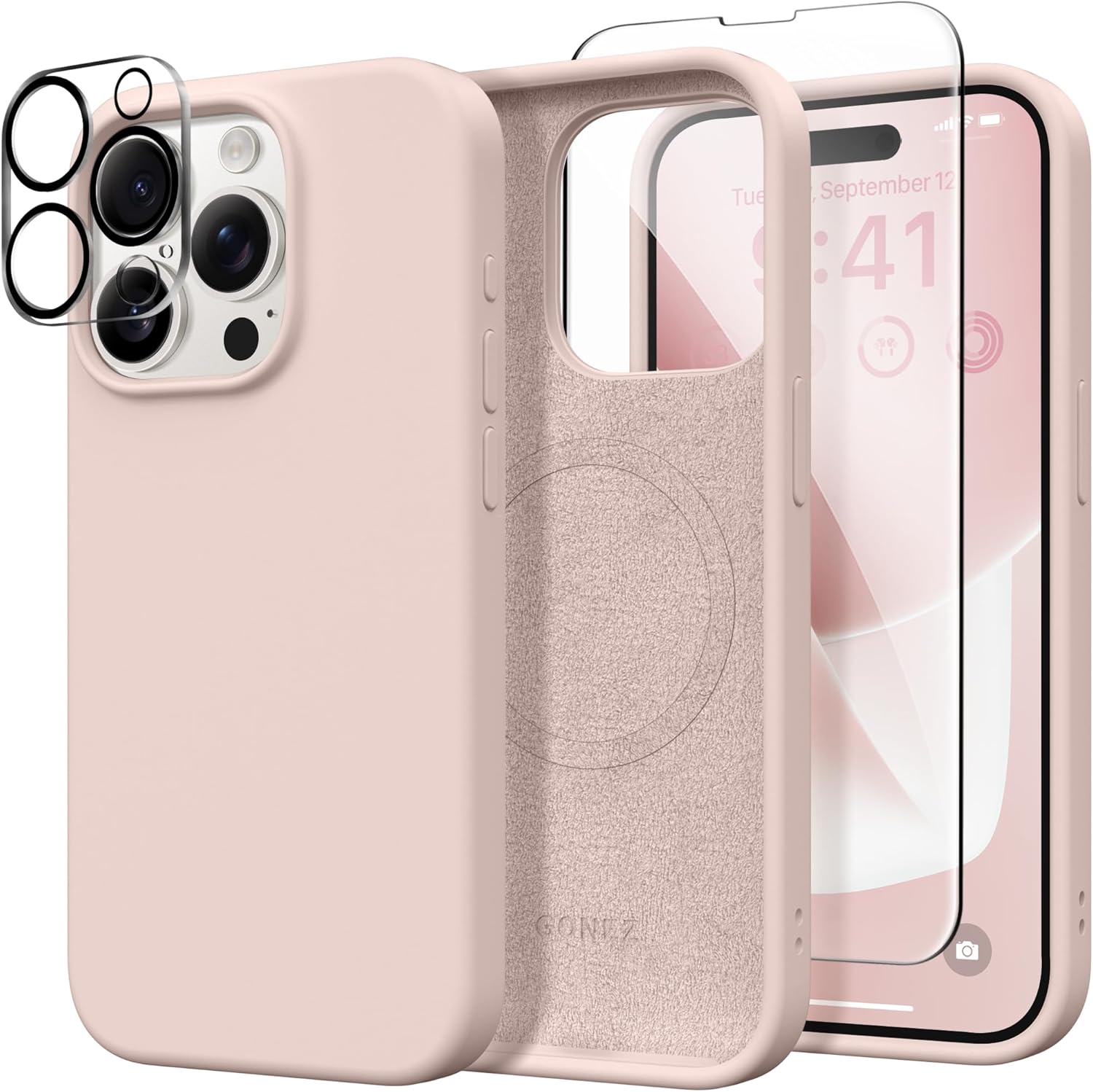 GONEZ Magnetic for iPhone 15 Pro Case, Compatible with MagSafe, [Screen Protector + Camera Lens Protector], Silicone Shockproof Anti-Scratch Protective Phone Case 6.1 inch, Pink