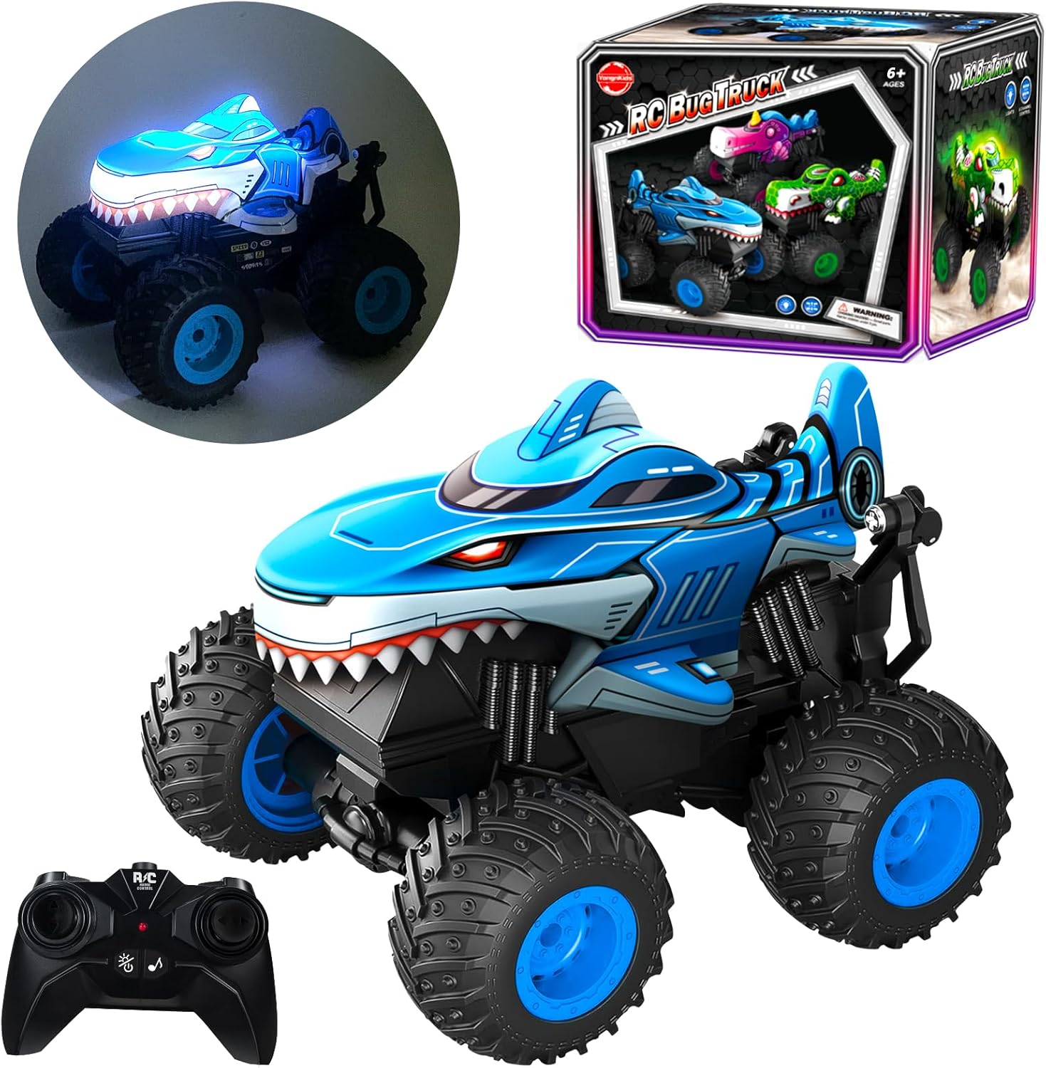 Monster Truck Toy, Shark Remote Control Car, 2.4Ghz Rchargeable Rc Truck with Music,Lighting Effect,360° Rotating Stunts RC Car Toy for Kids 3-5 6 7 8-12