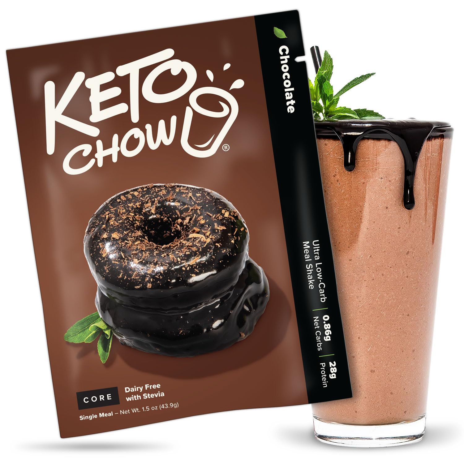 Keto Chow Chocolate Core (w/Stevia) - Keto Meal Replacement Shake Powder - Nutritionally Complete - Low Carb - Delicious Easy Meal Substitute - Protein Rich & Dairy Free - Single Meal Serving