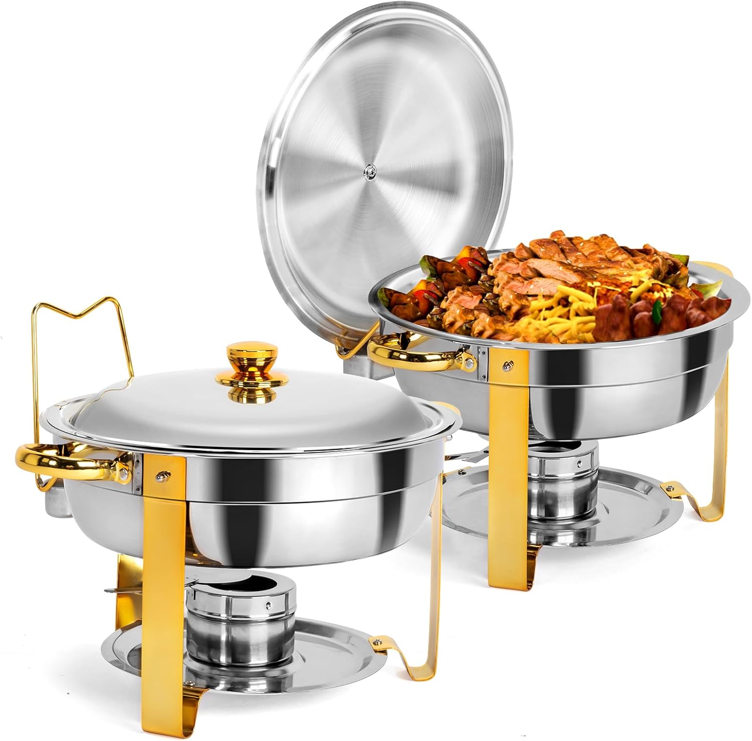 ROVSUN 5 Qt 2 Packed Full Size Upgraded Stainless Steel Chafing Dish Buffet Silver Round Catering Warmer Set with Food and Water Trays, Mirror Cover, Thick Stand Frame for Kitchen Party Banquet